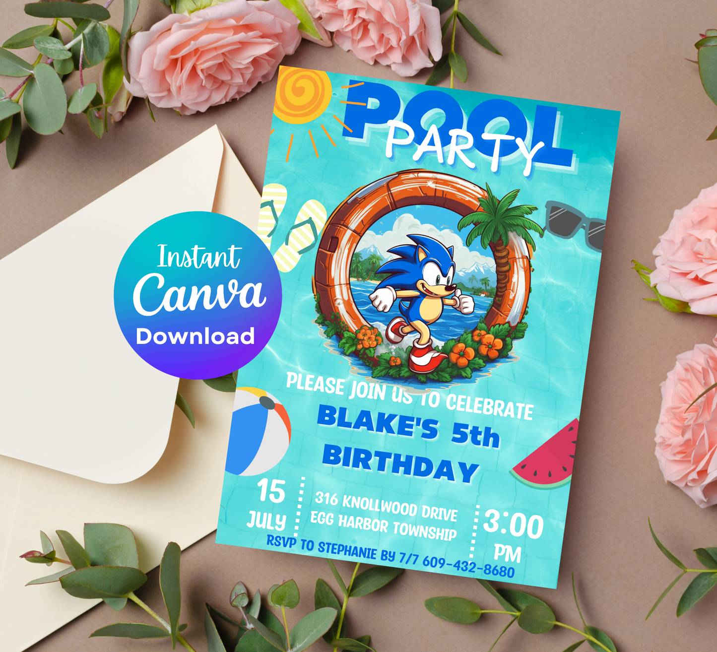 "Sonic the Hedgehog Pool Party Birthday Invitation | Sonic Splash Bash | Kids Summer Celebration Invite"