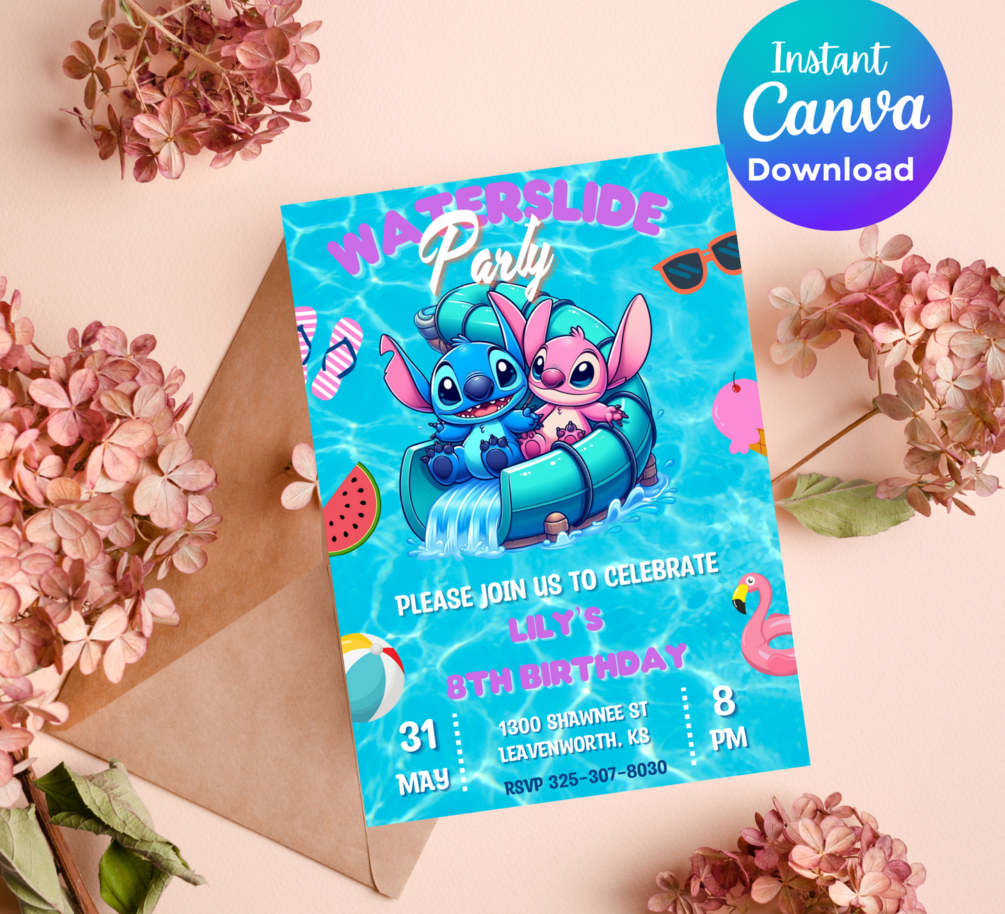 Stitch Waterslide Birthday Invitation | Stitch Pool Party Party Invitation | Instant Download | DIGITAL Editable Printable Invite