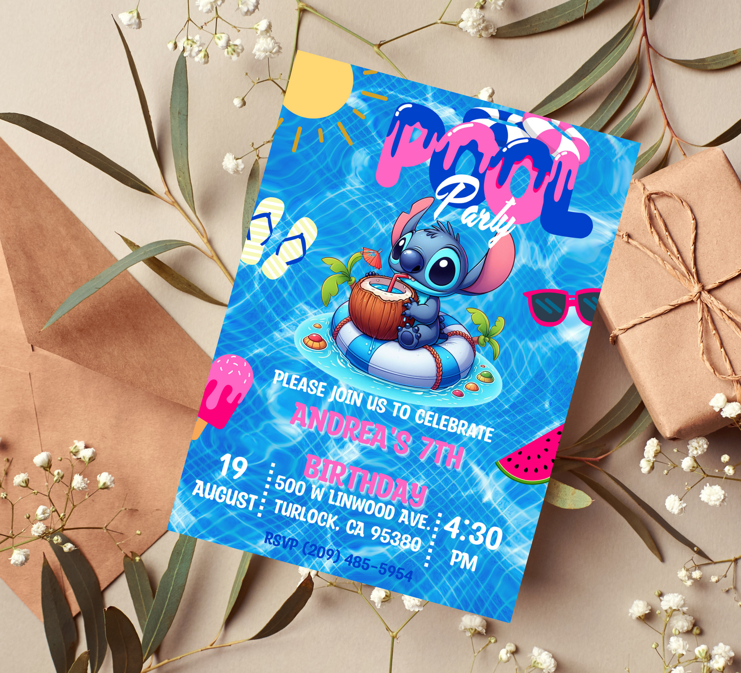 Stitch Pool Party Invitation - Customizable Stitch Birthday Invite - Hawaiian Pool Bash - Digital Download