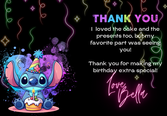 Stitch Neon Birthday Thank You Card | Lilo & Stitch Party Appreciation Note