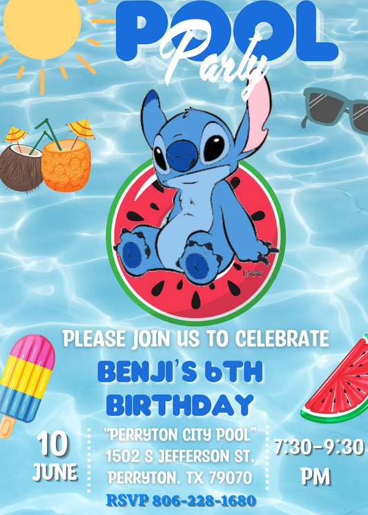 Stitch Pool Birthday Bash Invitation | Tropical Luau Party | Lilo & Stitch Celebration Invite