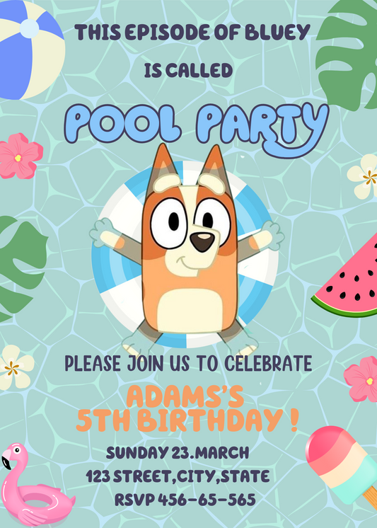 Bluey Pool Birthday Bash: Bluey & Bingo Puppy Invitation for a Splash-tastic Celebration!