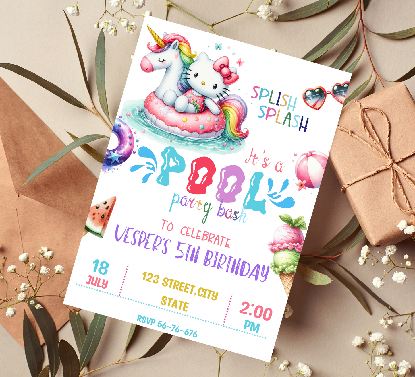 Editable Hello Kitty Watercolor Pool Party Unicorn Invitation - Canva Template