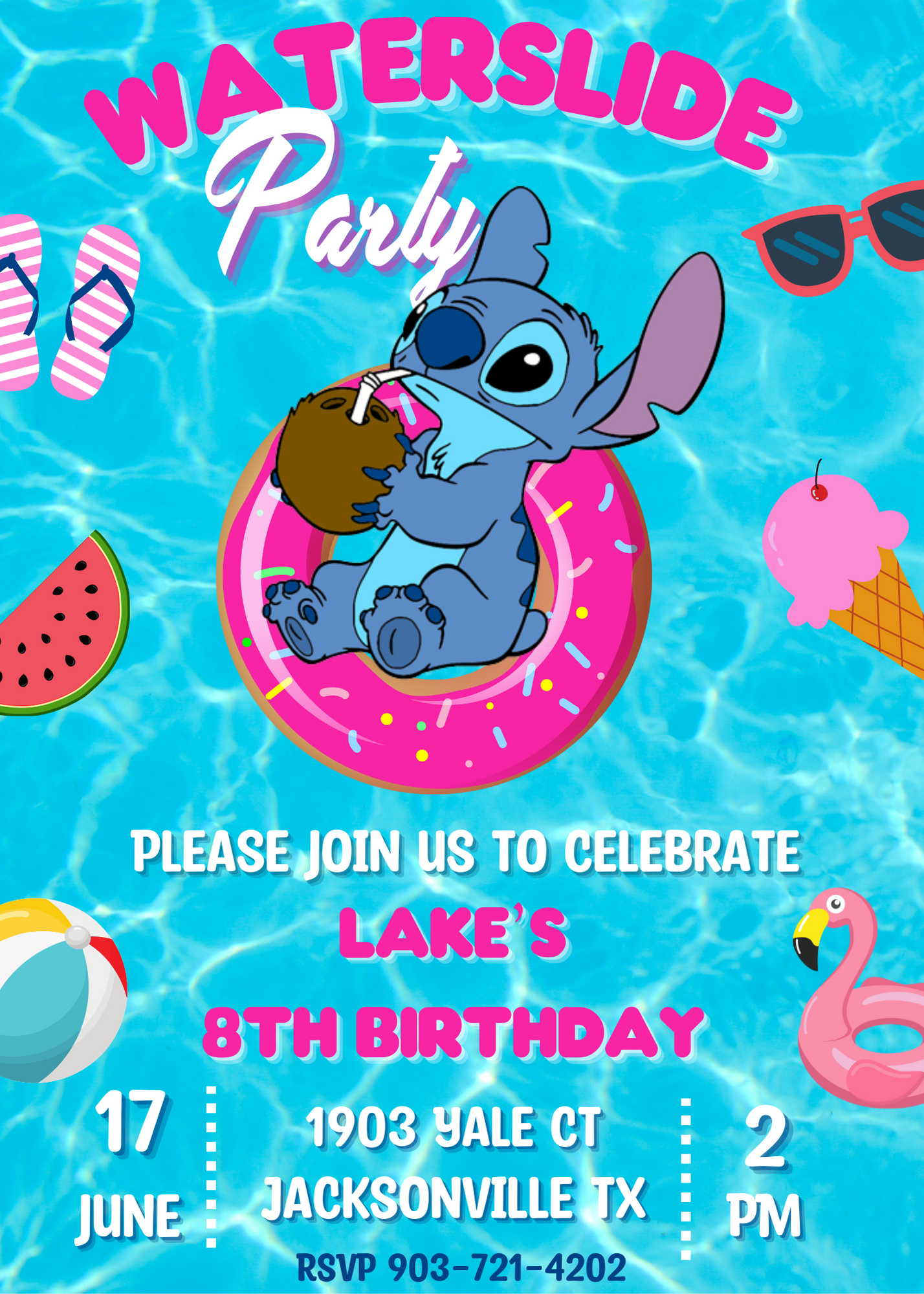 Stitch Pool Waterslide Birthday Invitation & Thank You Card Set | Summer Splash Celebration Duo