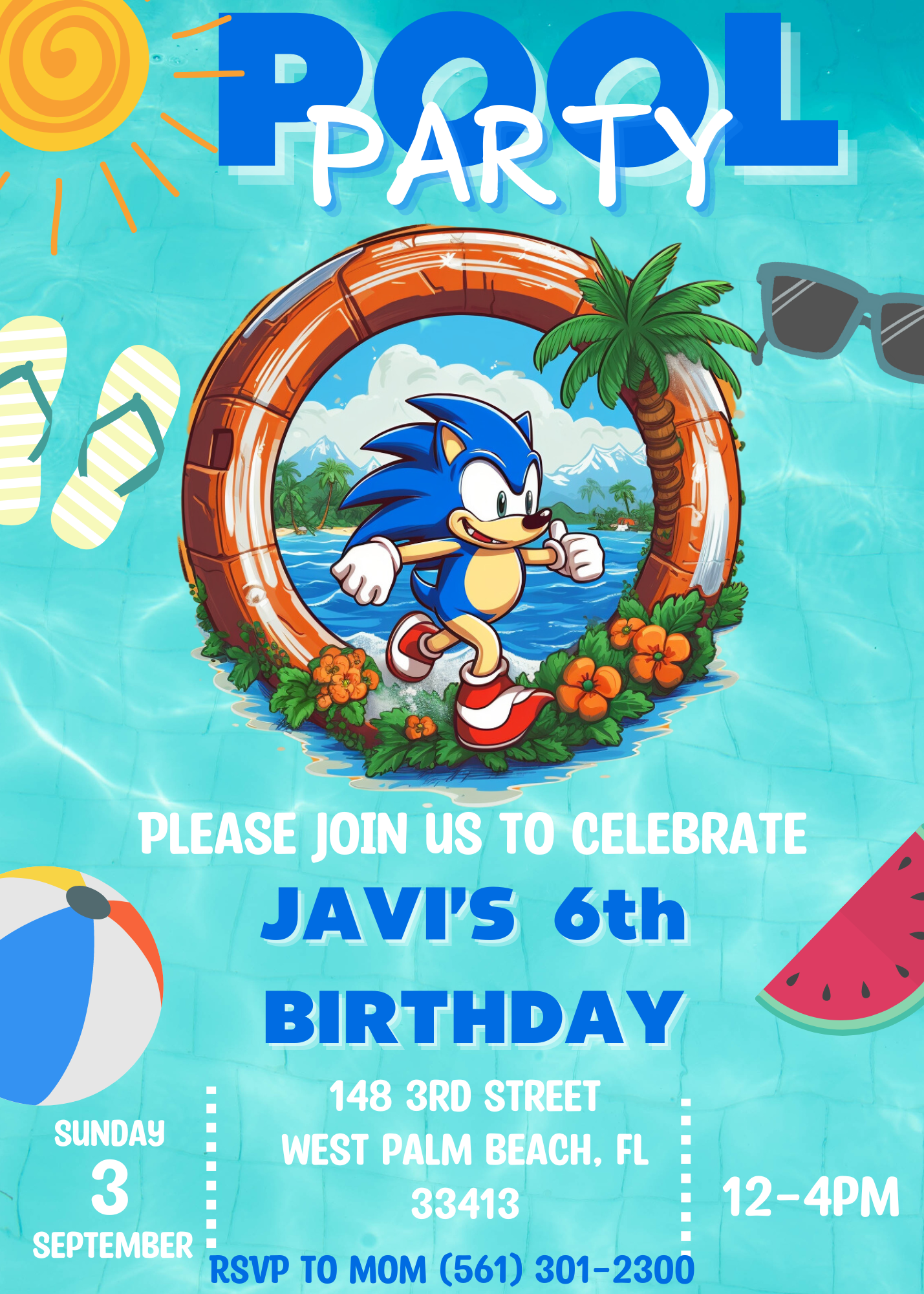 "Sonic the Hedgehog Pool Party Birthday Invitation | Sonic Splash Bash | Kids Summer Celebration Invite"