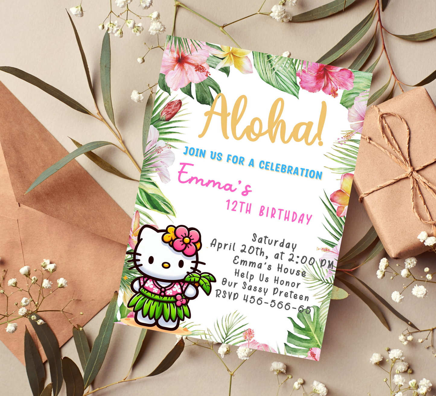 Aloha Ohana: Hello Kitty Tropical Hawaiian Birthday Invitation for a Hawiian Luau Celebration