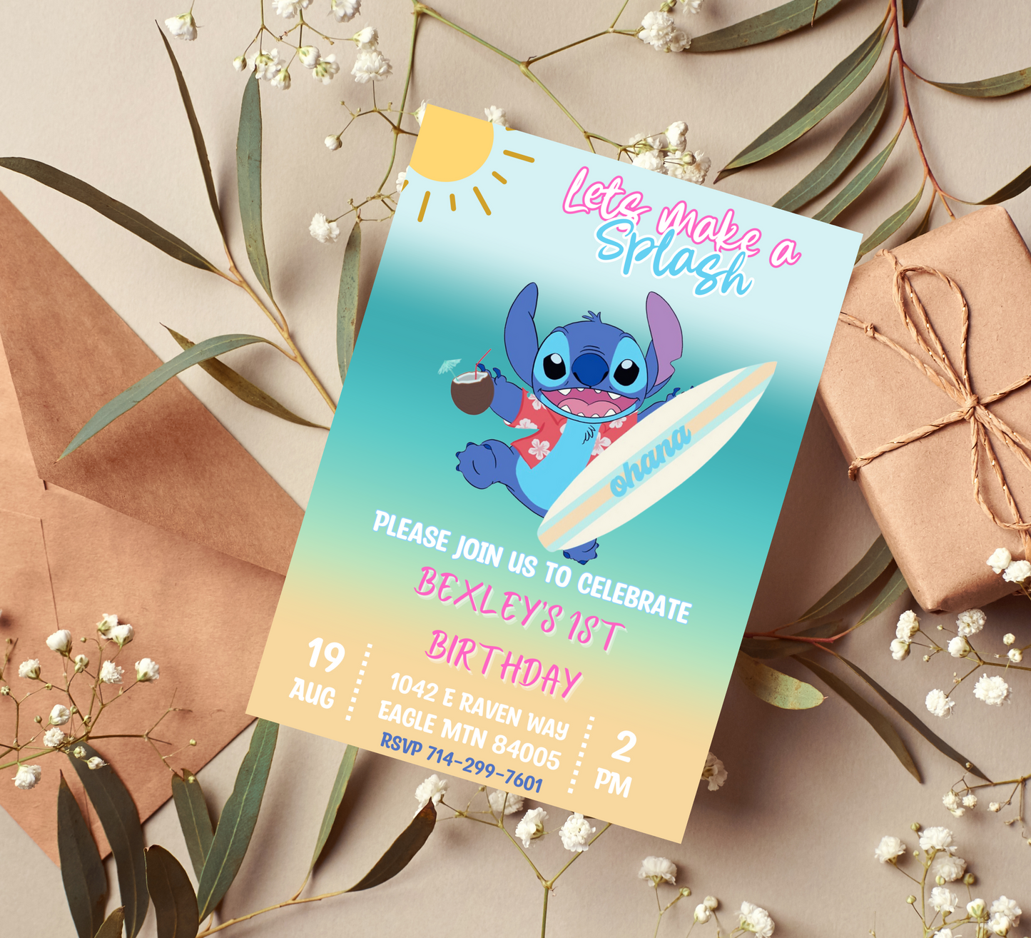 Stitch Splash Surf Ohana Birthday Invitation | Tropical Celebration