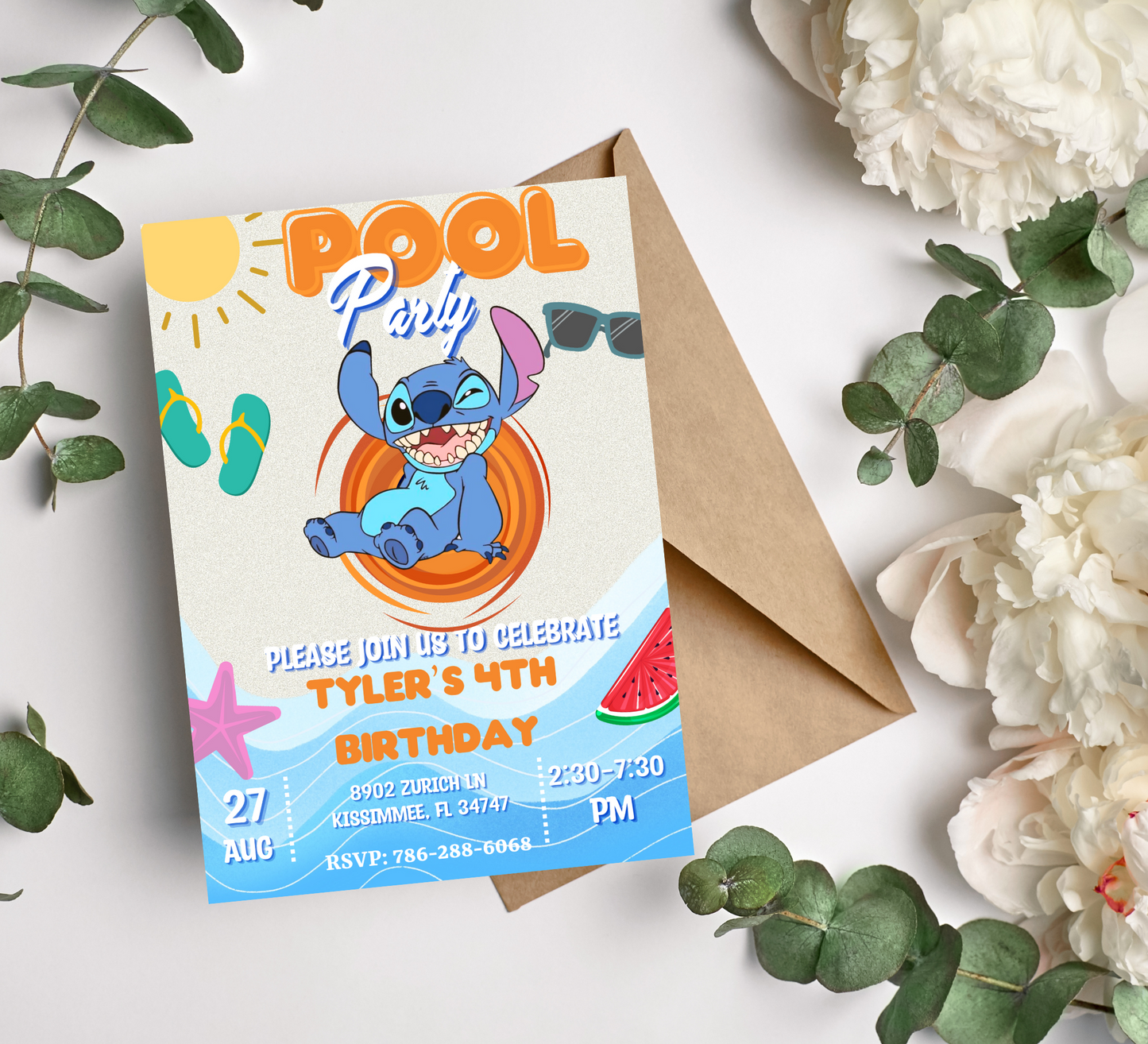 Stitch Pool Birthday Invitation | Orange Splash Theme