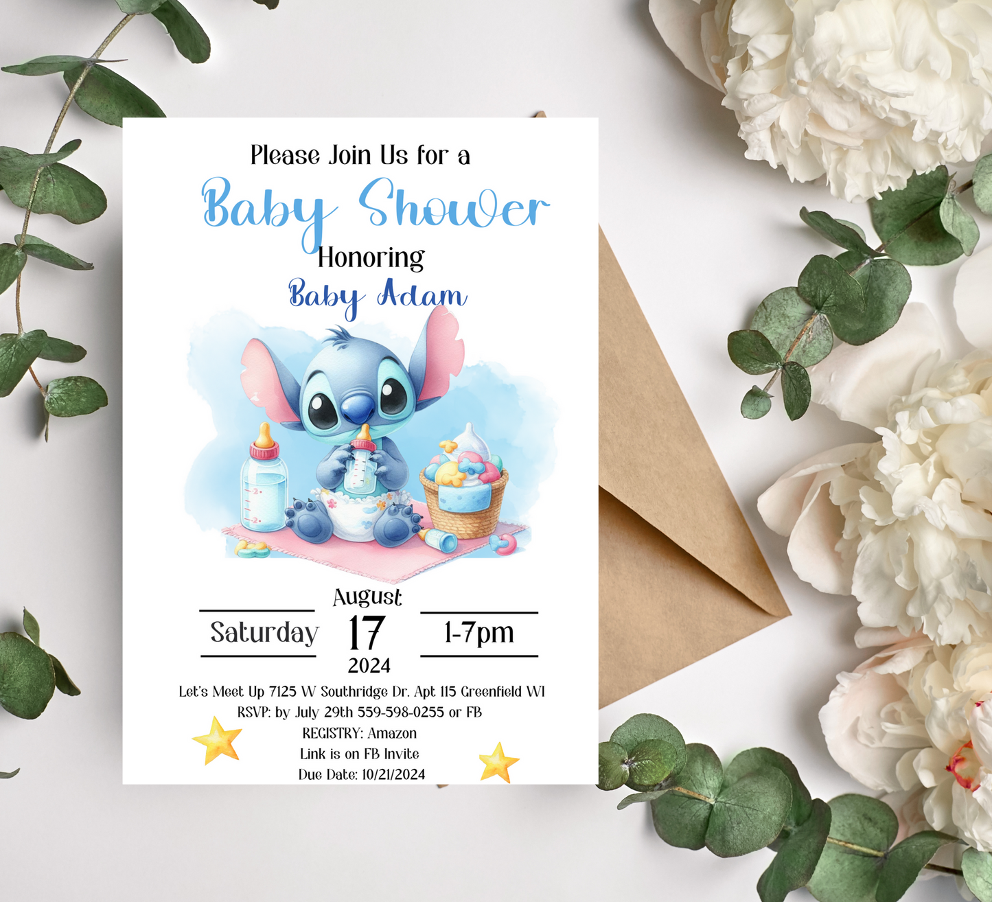 Stitch Watercolor Blue Baby Shower Invitation | Printable Canva Template