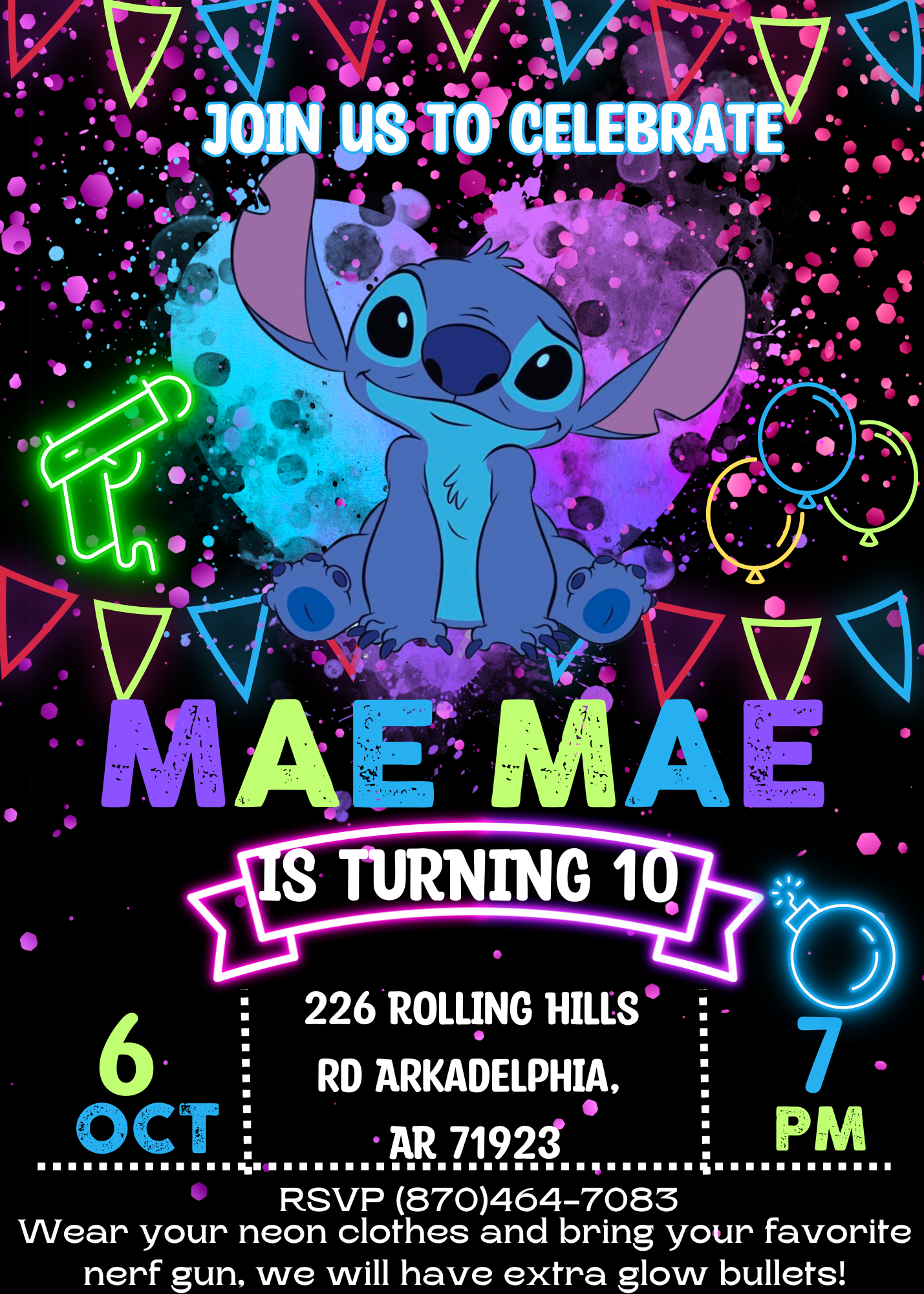 Stitch Neon Nerf Gun Birthday Invitation | Lilo & Stitch Party Invite | Vibrant Nerf Battle Theme