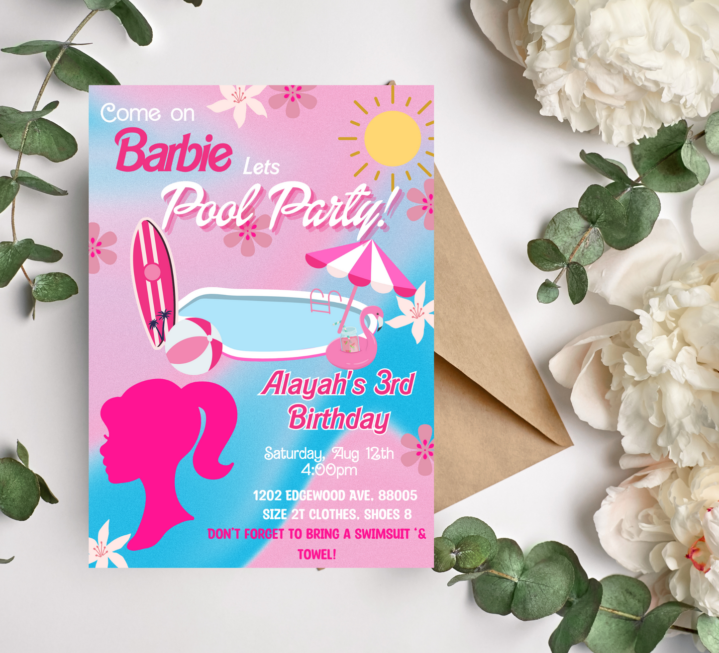 Barbie Pool Birthday Invitation | Pink Doll Party Celebration"