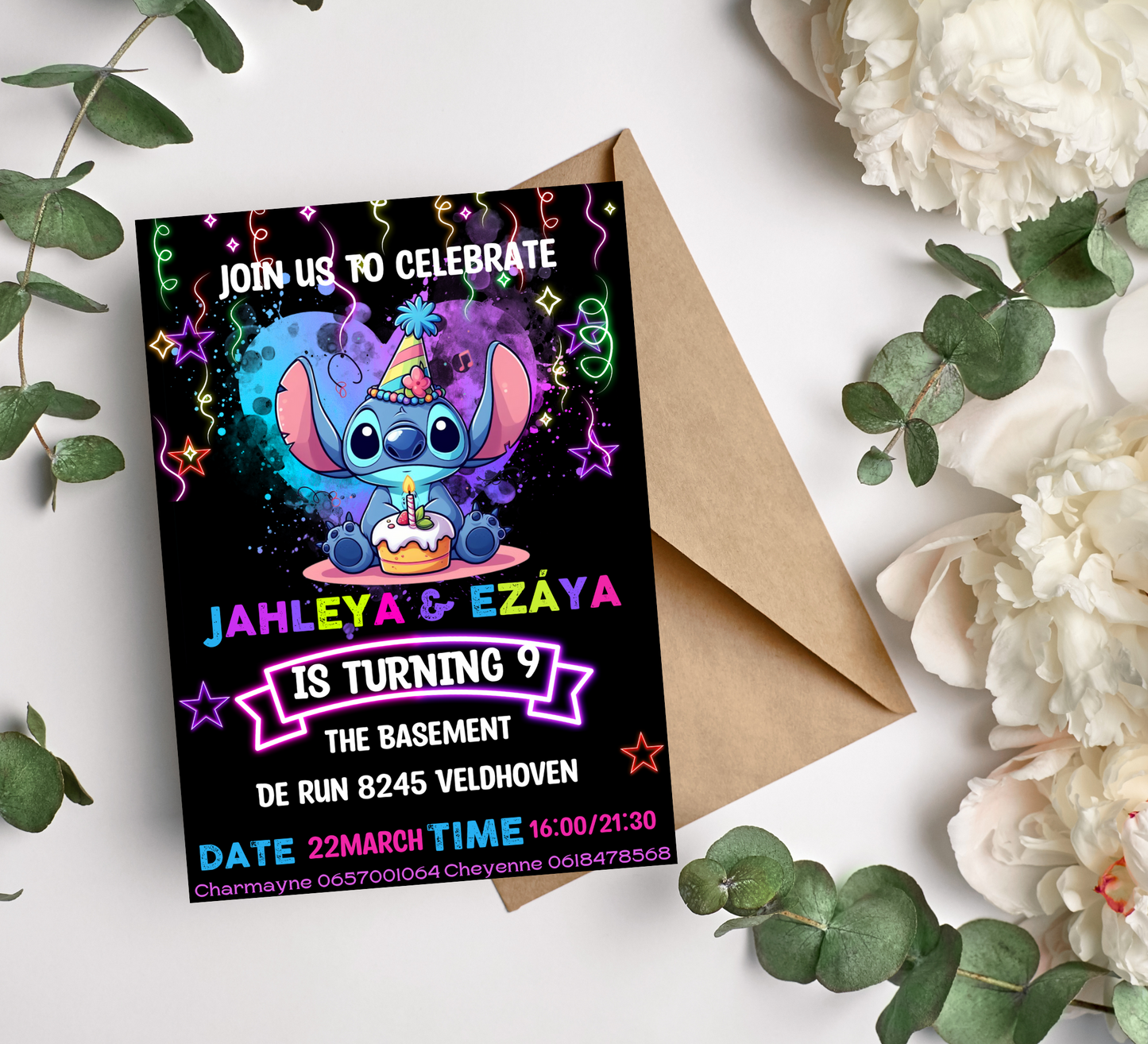 Stitch Neon Birthday Invitation | Lilo & Stitch Party Invite | Vibrant and Fun Celebration Theme