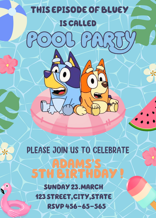 Bluey and Bingo Pool Party Birthday Invitation in Two Colors - Customizable Kids Invite