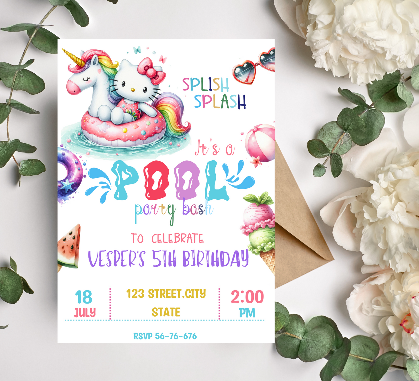 Editable Hello Kitty Watercolor Pool Party Unicorn Invitation - Canva Template