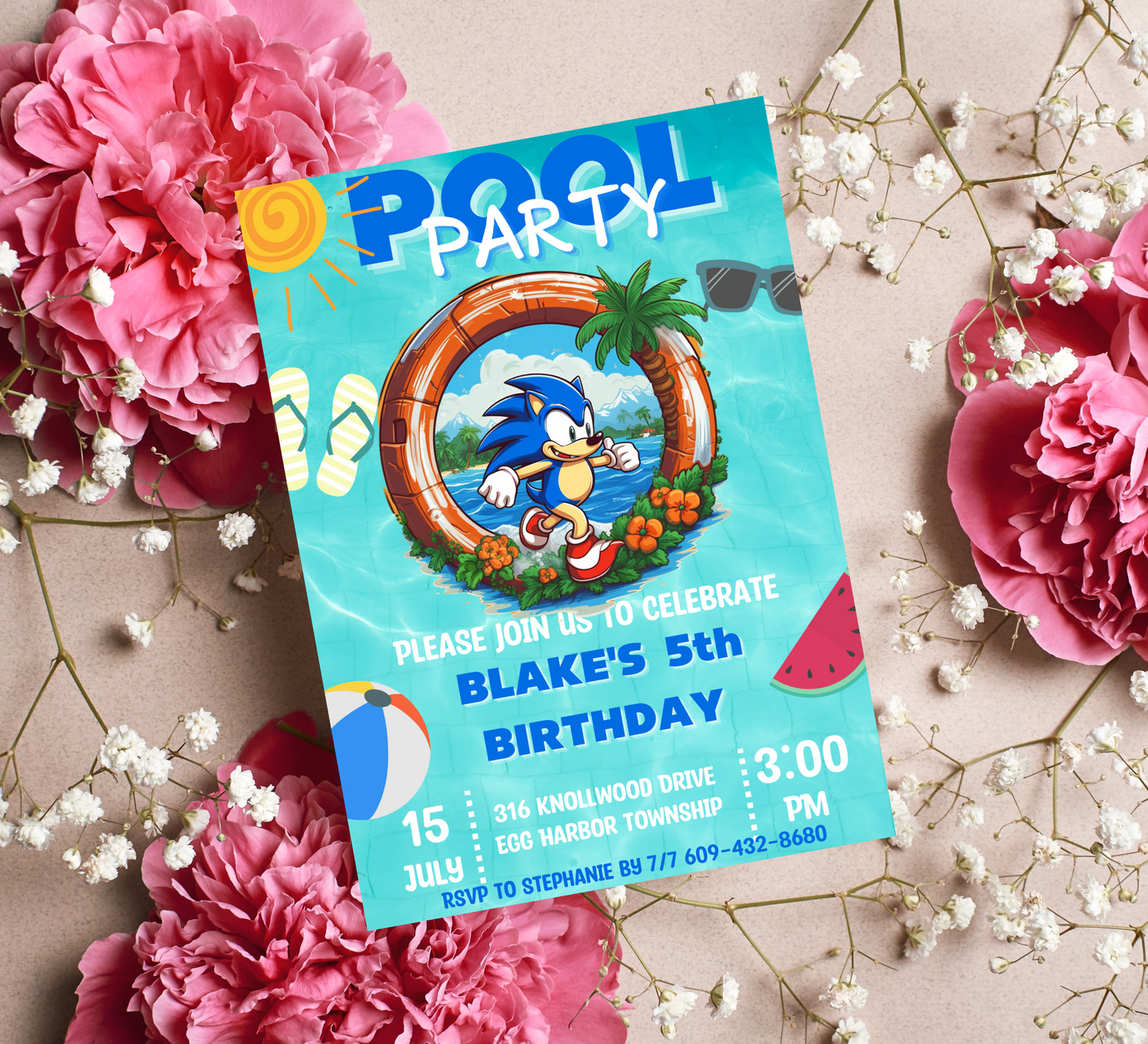 "Sonic the Hedgehog Pool Party Birthday Invitation | Sonic Splash Bash | Kids Summer Celebration Invite"