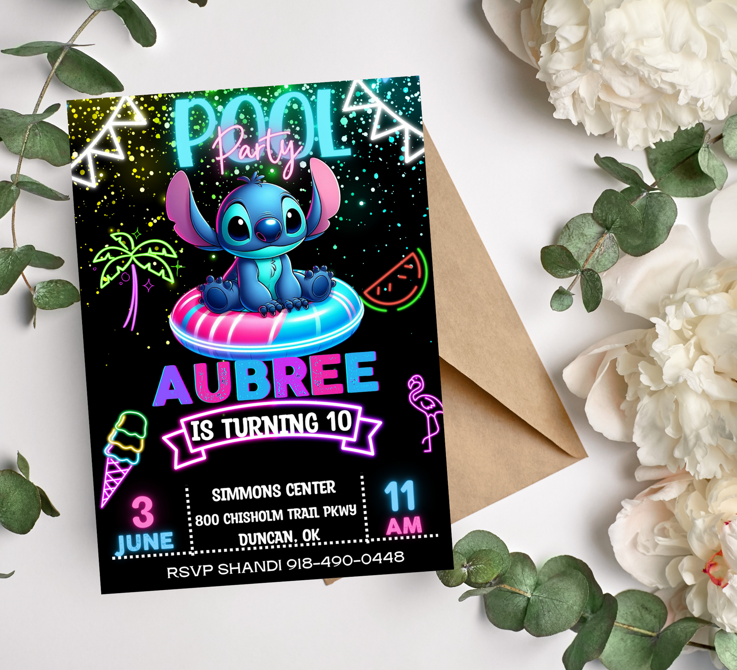 Stitch Neon Pool Birthday Invitation: Dive into Fun with Stitch in a Vibrant Poolside Celebration Under the Stars