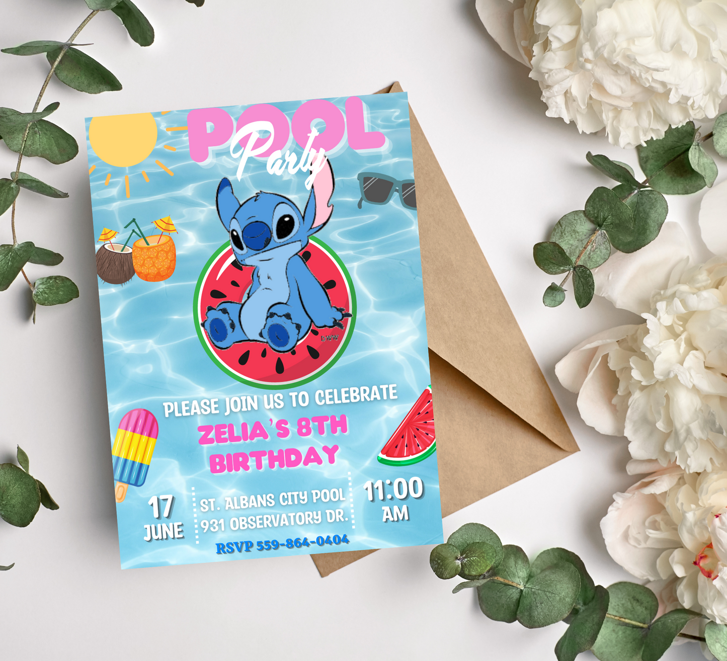 Stitch Pool Birthday Watermelon Invitation with Birthday Card Set | Tropical Celebration Duo