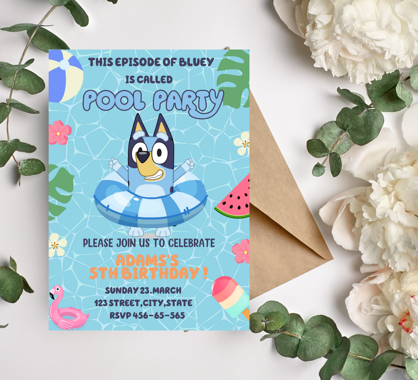 Bluey Birthday Invitation, Bluey & Bingo Birthday Invite, Bluey pool party, Kids Birthday Invite, pool party, Digital Bluey Template