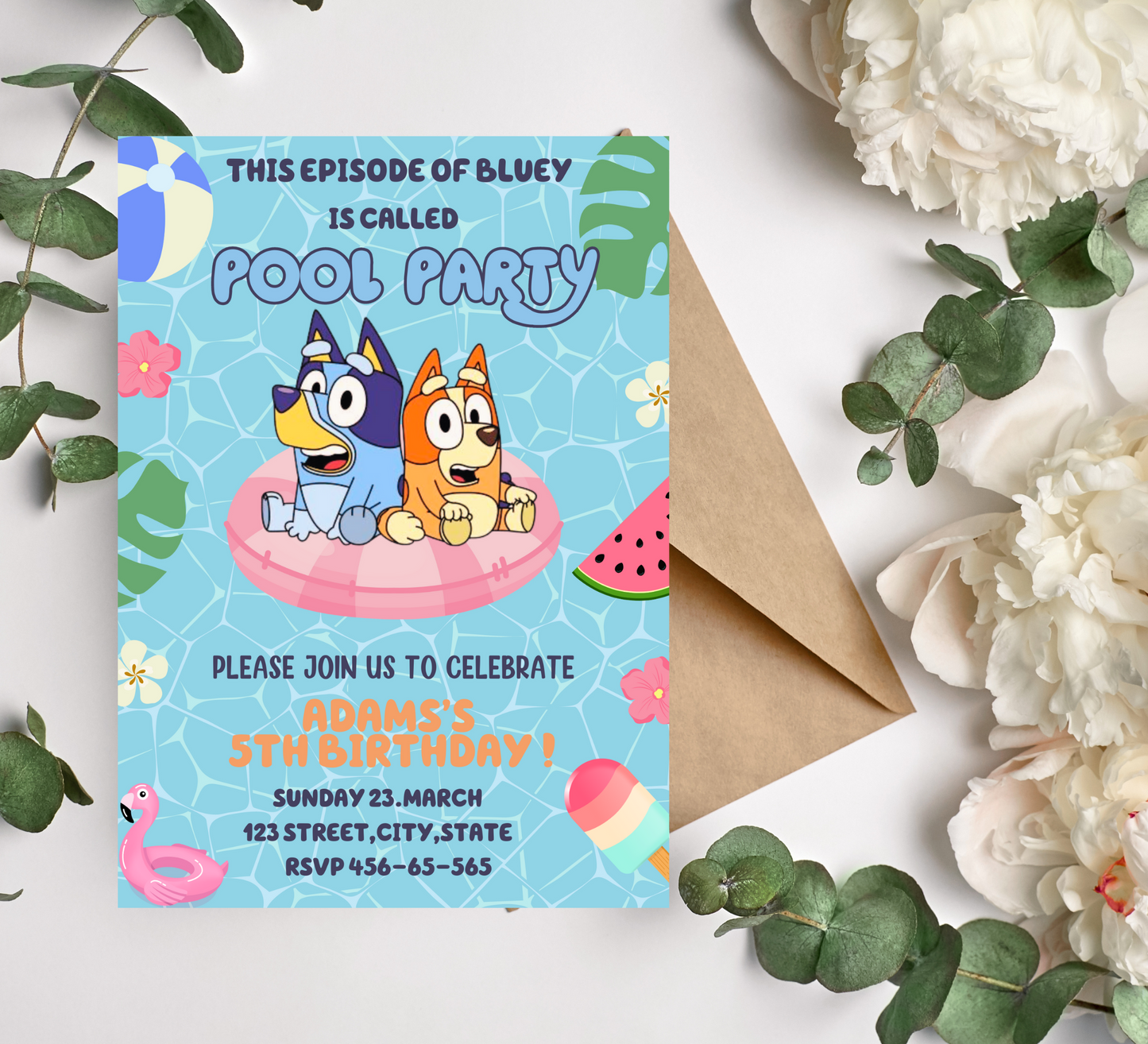 Bluey and Bingo Pool Party Birthday Invitation in Two Colors - Customizable Kids Invite