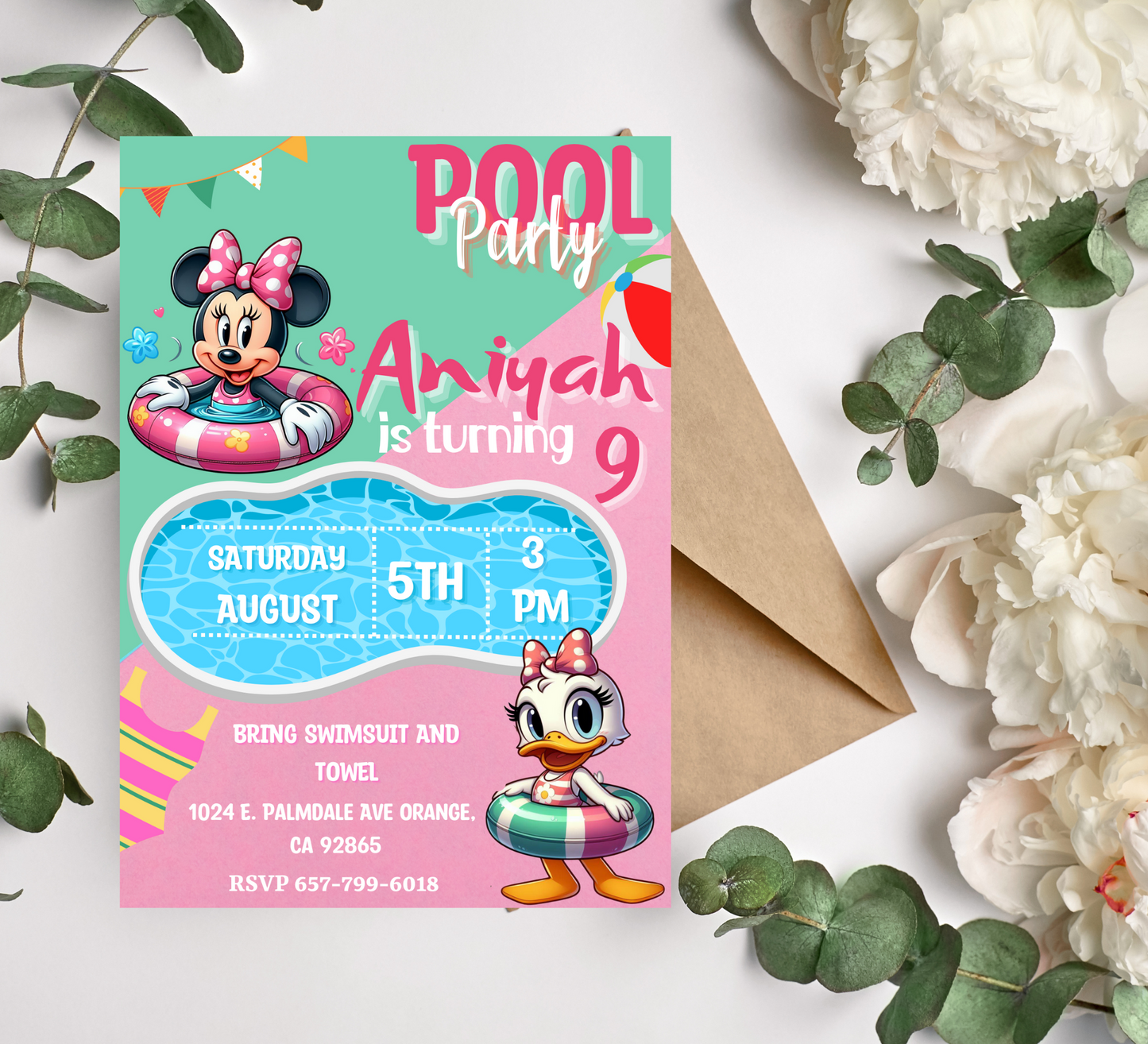 Disney Pool Party Invitation: Minnie Mouse and Daisy Duck Pool Birthday Bash