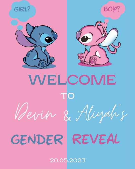 Stitch and Angel Gender Reveal Welcome Sign | Lilo Stitch Pink and Blue Party Supplies