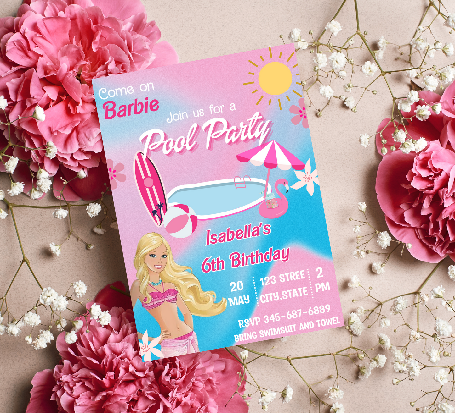 Barbie Pool Birthday Party Invitation - Pink Splash Celebration