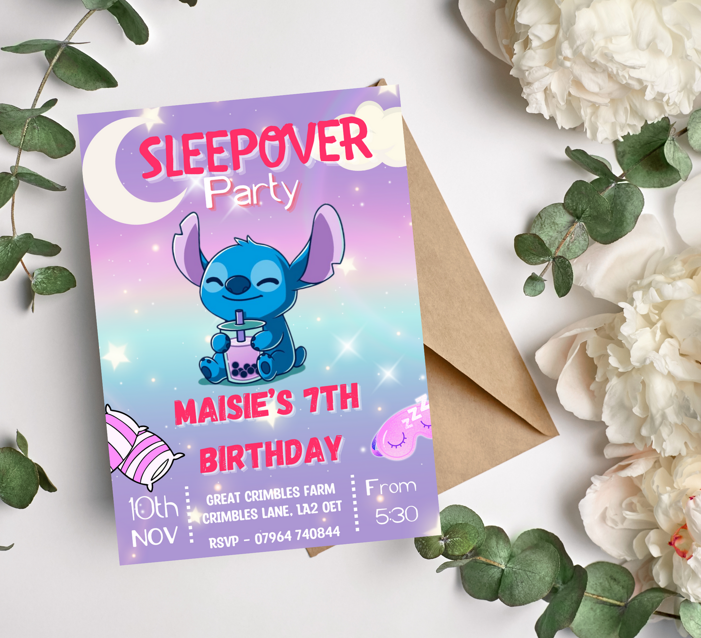 Stitch Sleepover Birthday Invitation | Bubble Tea Theme