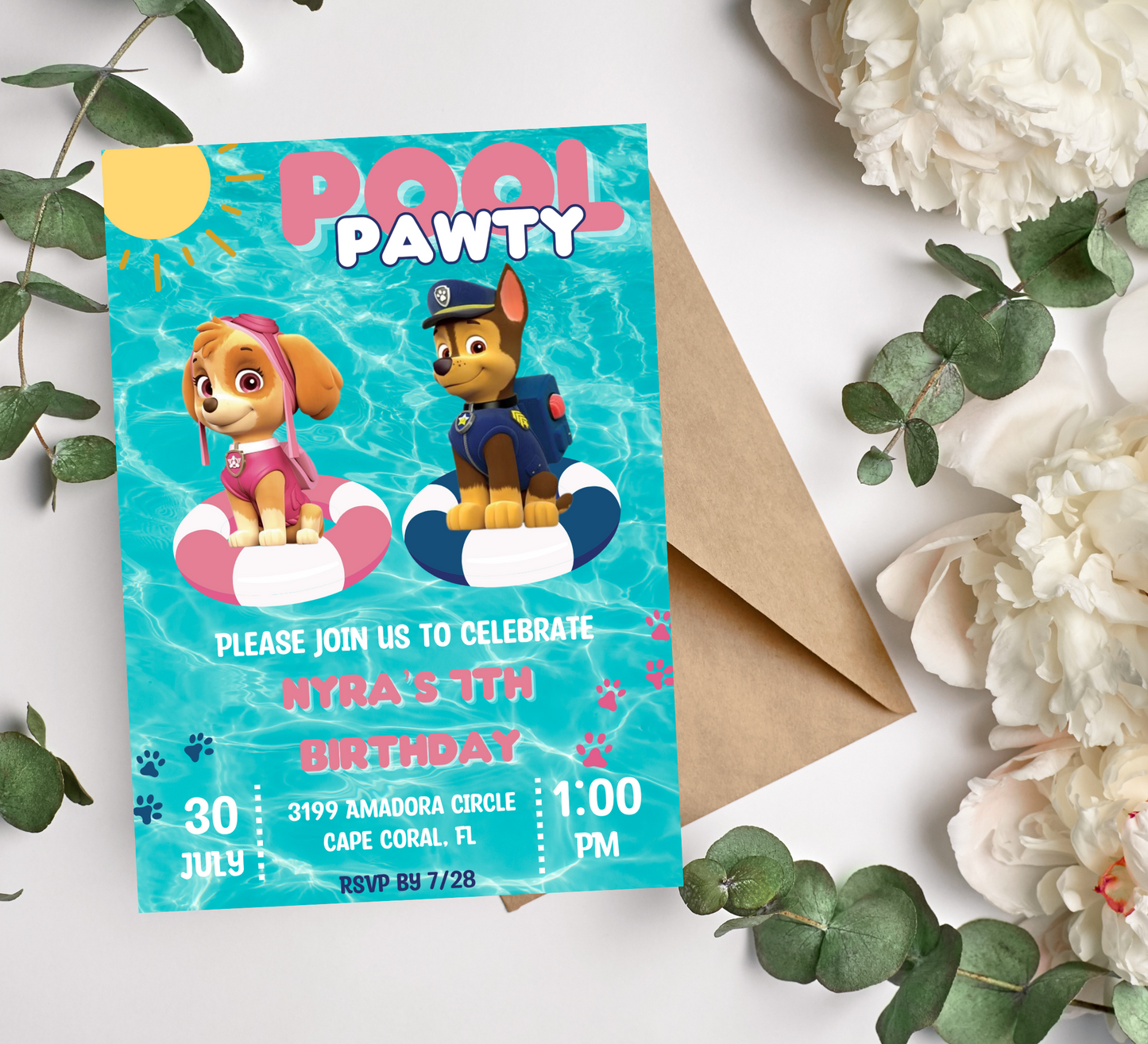 "Paw Patrol Pool Party Invitation: Skye, Chase, and Friends Splash into Fun Birthday Celebration!