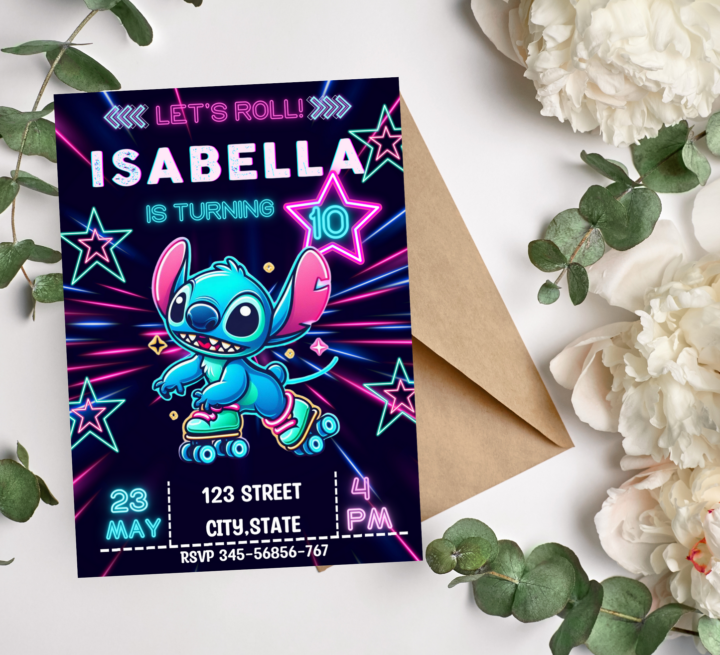 Stitch Neon Roller Skater Birthday Invitation: Roll into Fun!