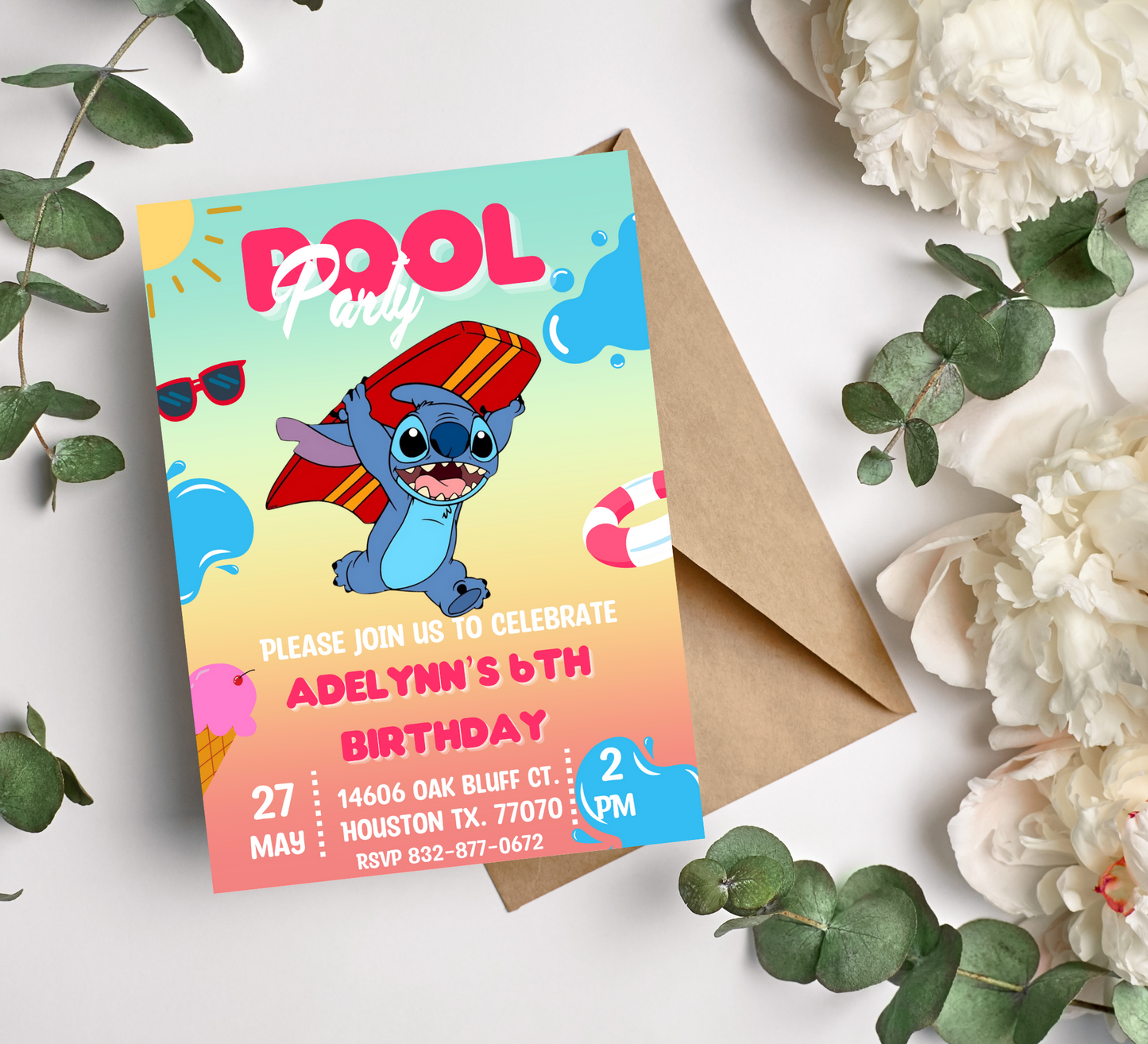 Stitch Pool Surf Birthday Invitation and Thank You Card Set | Tropical Celebration Duo