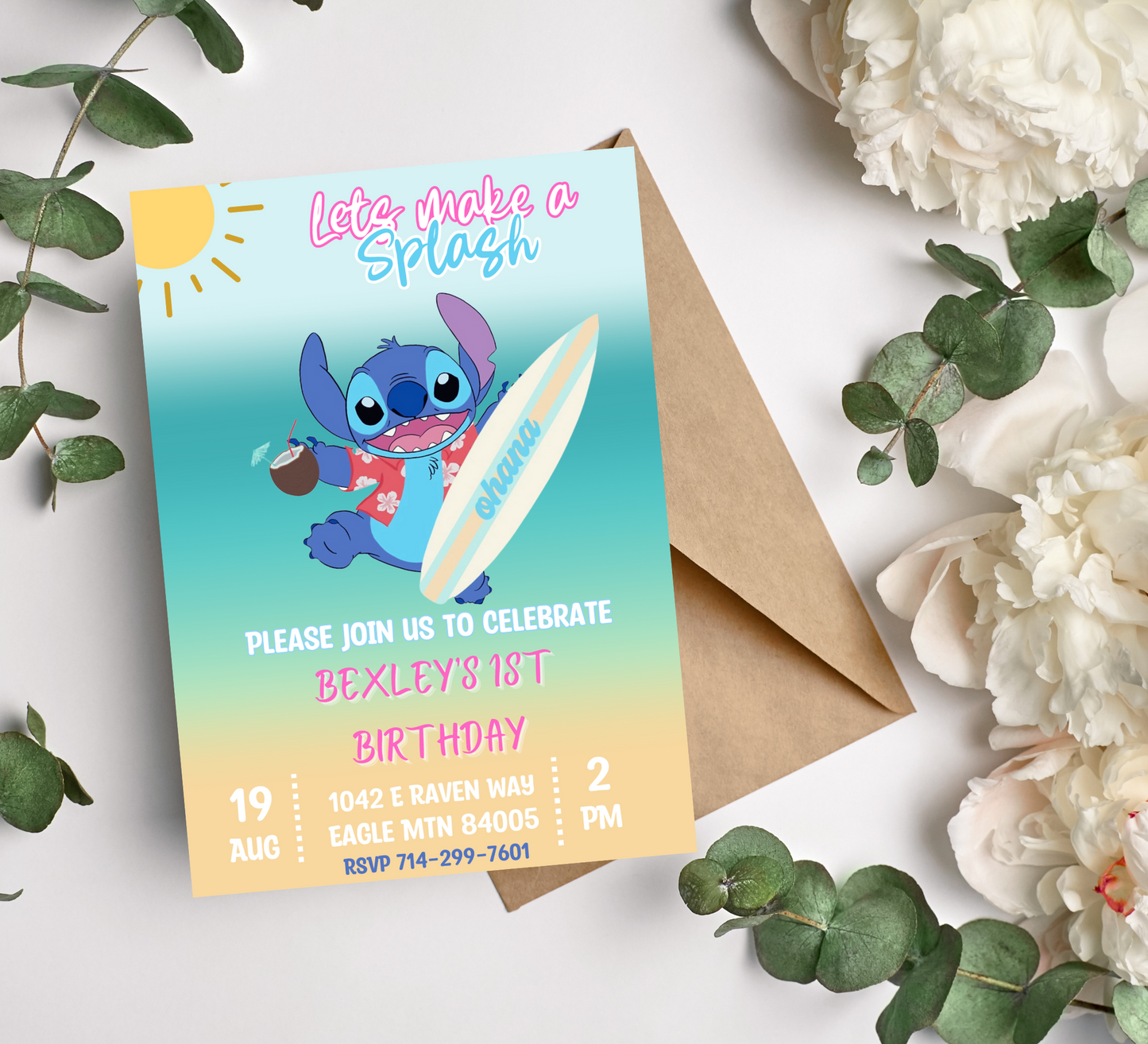 Stitch Splash Surf Ohana Birthday Invitation | Tropical Celebration