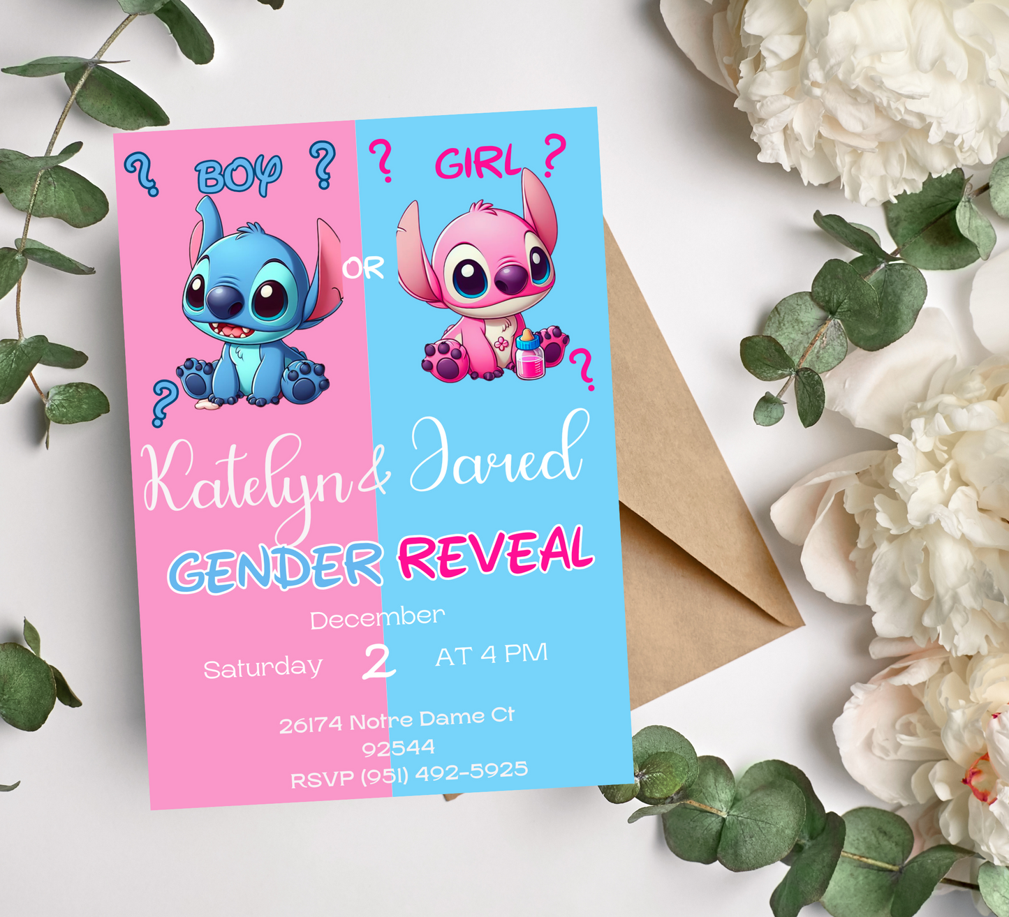 Stitch Gender Reveal Invitation: Pink and Blue Delight!"