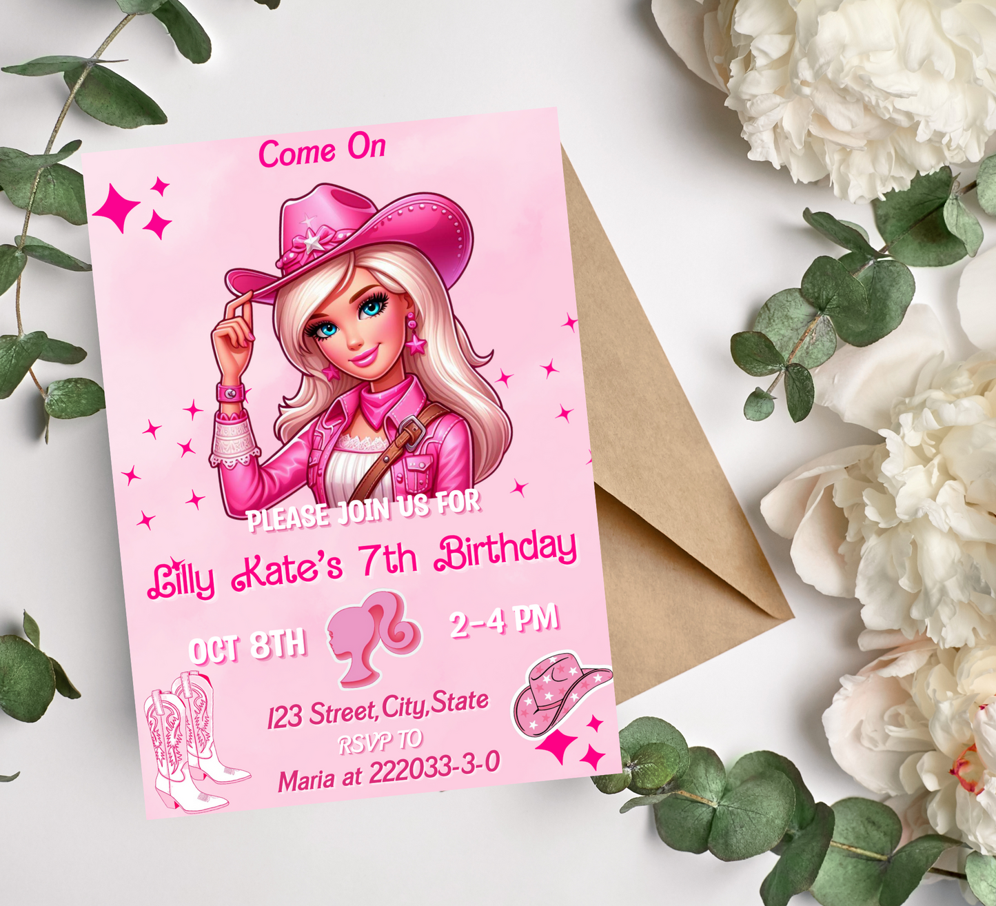 Barbie Cowgirl Pink Birthday Invitation: Western Theme Party Invite for Girls - Editable Template