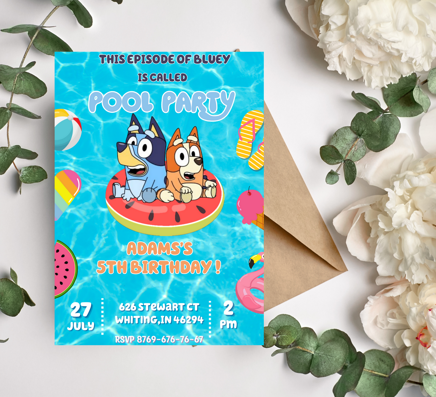 Bluey Pool Birthday Invitation | Bluey and Bingo Splash Party | Kids Pool Party Invite