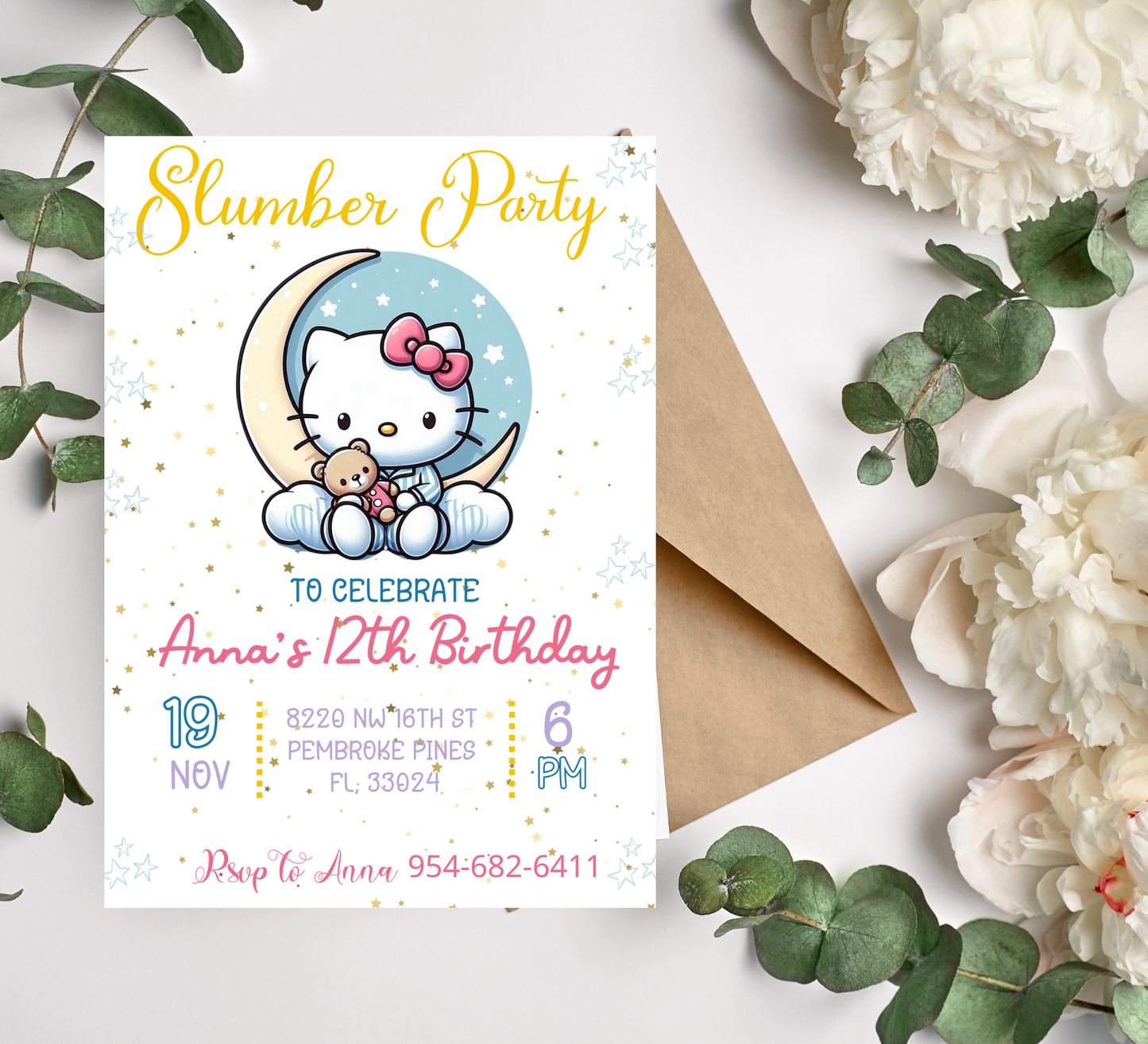 "Hello Kitty Slumber Party Invitation | Pink Pajama Sleepover Birthday Invite | Girls' Slumber Party Theme"