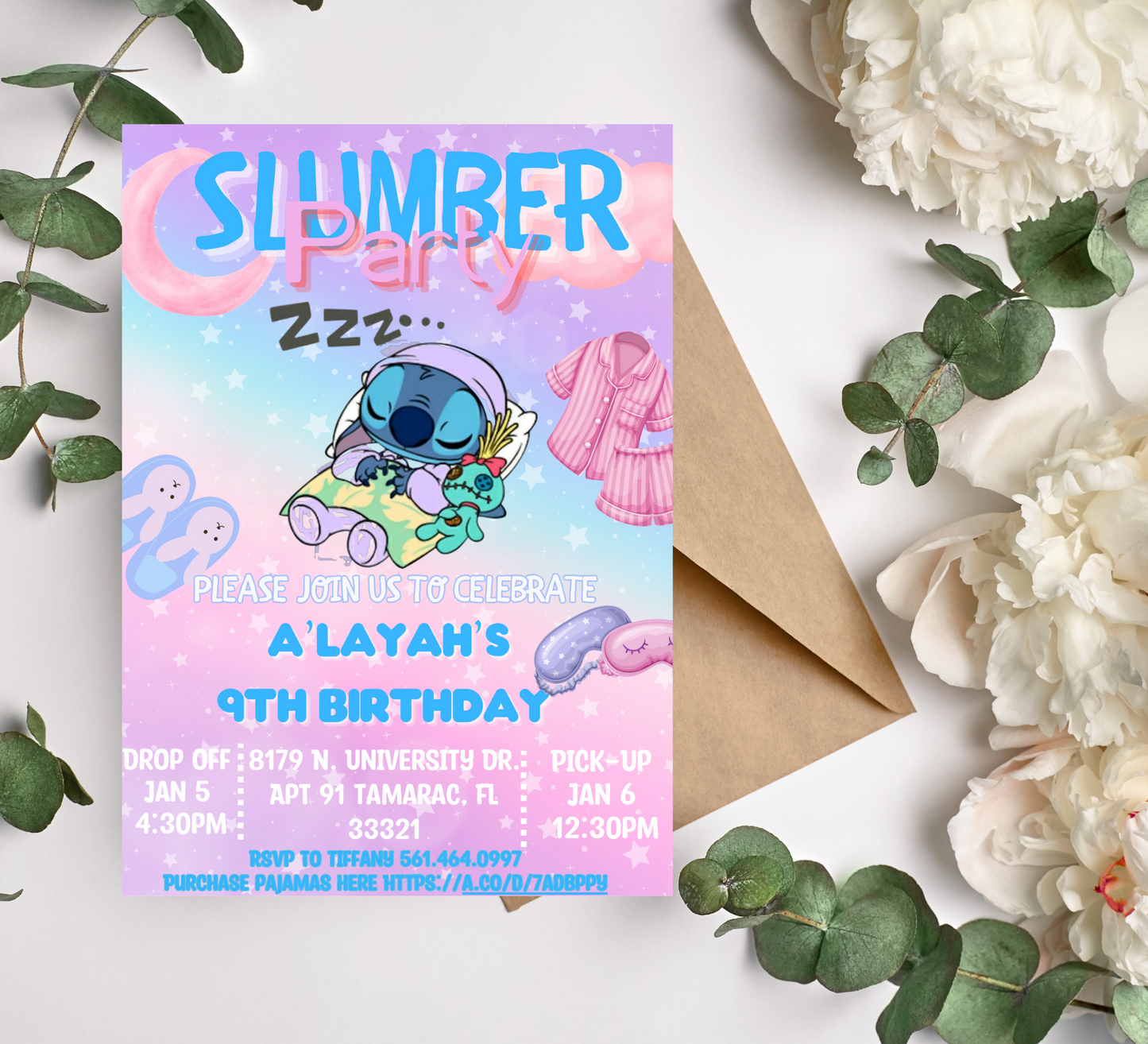 Stitch Slumber & Lilo Birthday Invitation | Tropical Hawaiian Sleepover Party