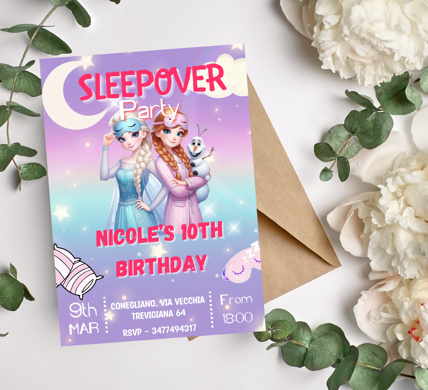 Ana Elsa Frozen Sleepover Birthday Invitation: Magical Slumber Party Adventure with Olaf, Elsa, and Anna!