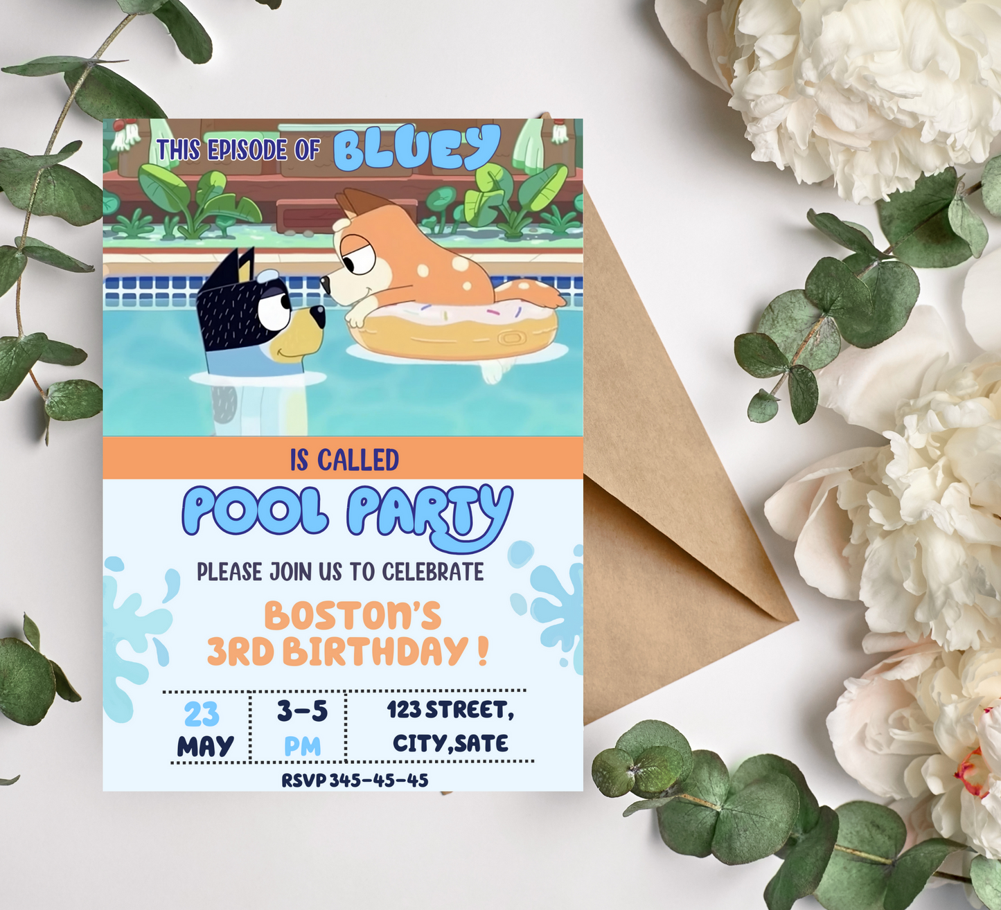 Customizable Bluey Birthday Invitation, Bluey & Bingo Birthday Invite, Bluey pool party, Kids Birthday Invite, pool party, Digital Template