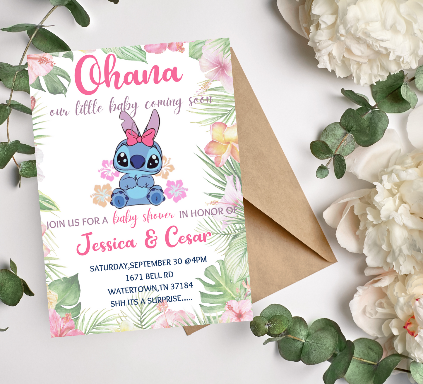 Baby Stitch Baby Shower Invitation | Ohana Tropical Hawaii Theme