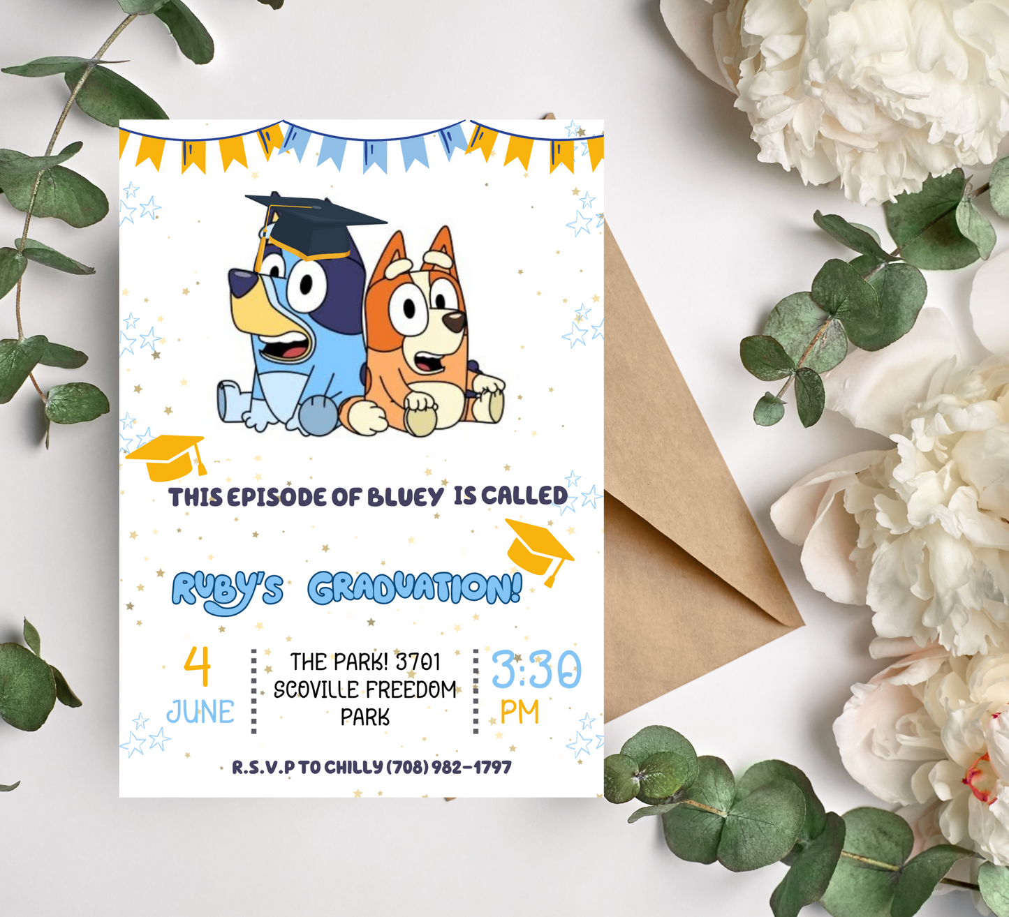 Bluey Bingo Graduation Celebration Invitation: Customize Your Grad Party