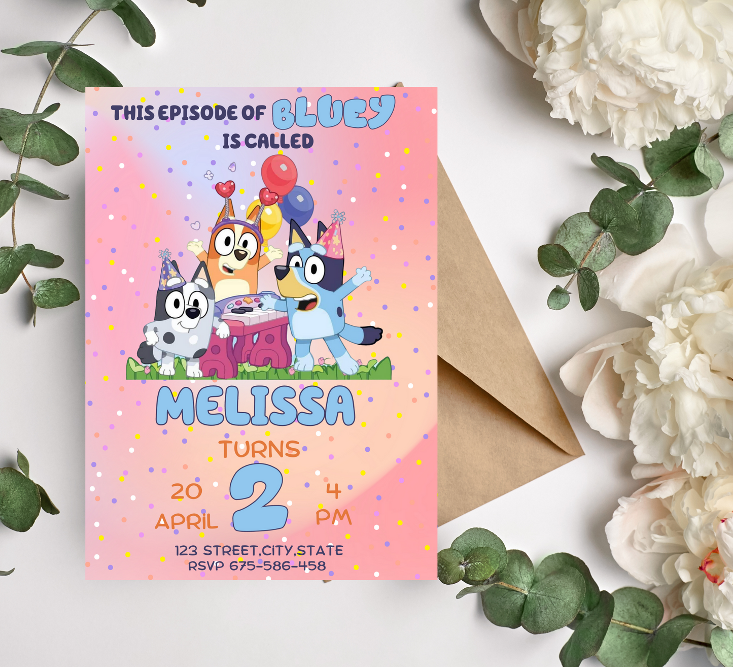 Bluey Pink Birthday Invitation - Custom Bluey and Bingo Birthday Invite - Personalized  Bluey Party Invitation