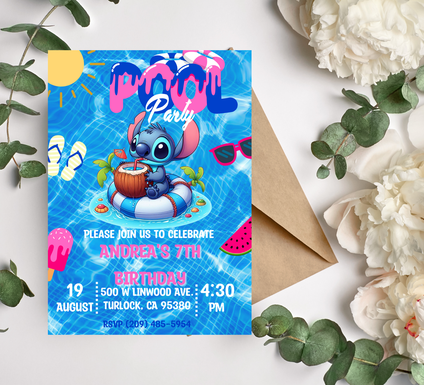 Stitch Pool Party Invitation - Customizable Stitch Birthday Invite - Hawaiian Pool Bash - Digital Download