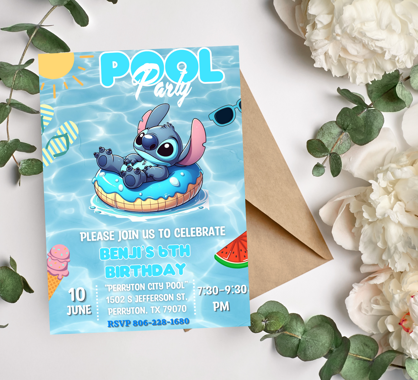 Stitch Pool Birthday Invitation - Fun Cartoon Style Lilo & Stitch Theme - Vibrant Tropical Celebration Invite