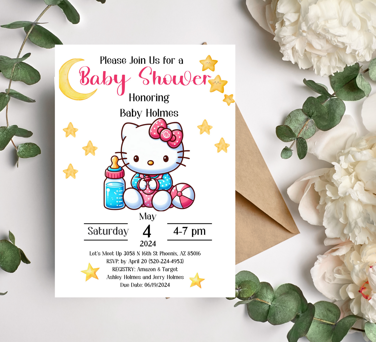 Adorable Hello Kitty Baby Shower Invite | Customizable Canva Template | Pink Kitty Theme Celebration Invitation"