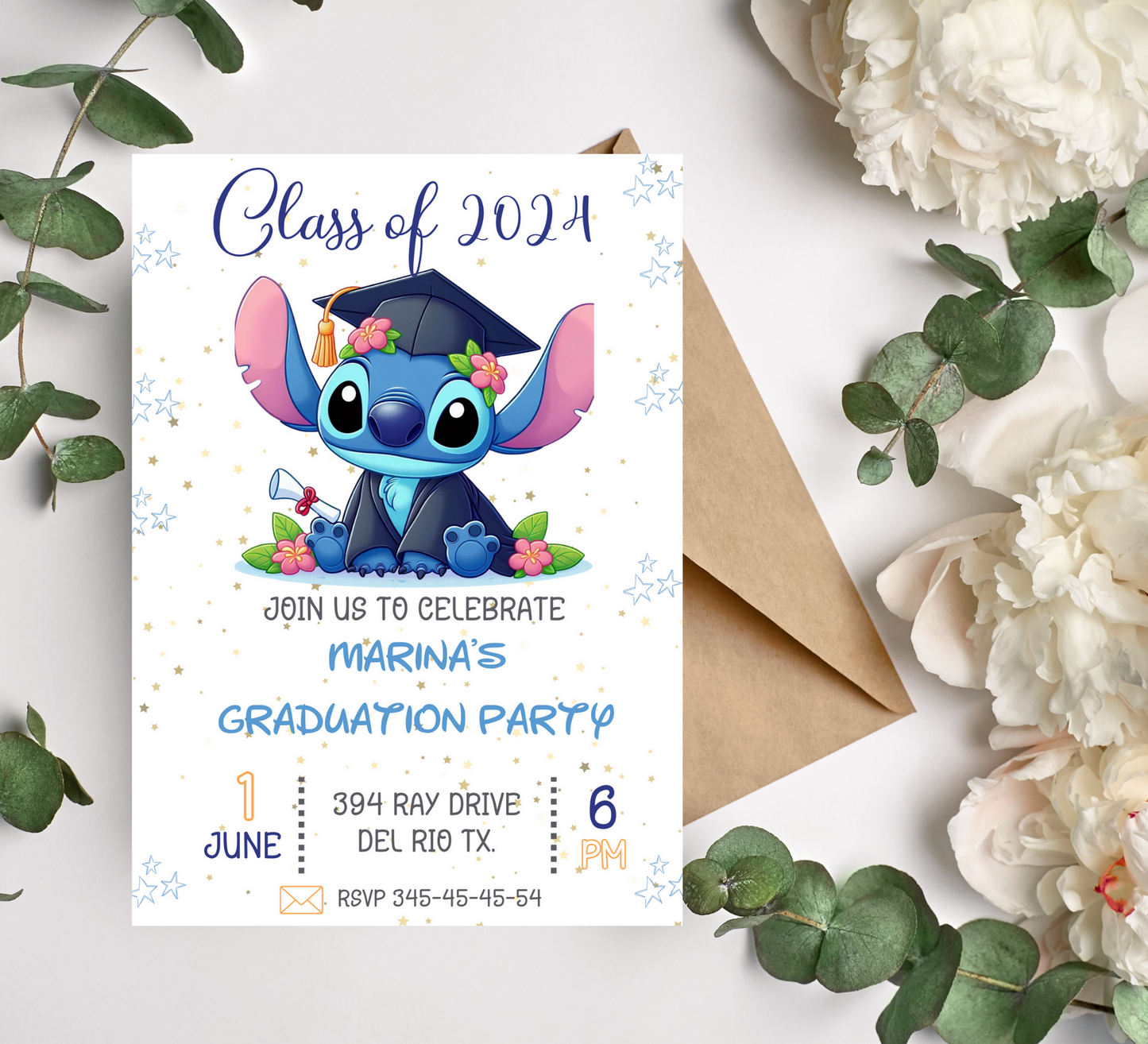 Stitch Graduation Celebration Invitation: Ohana's Grad Party - Customizable Hawaiian Theme