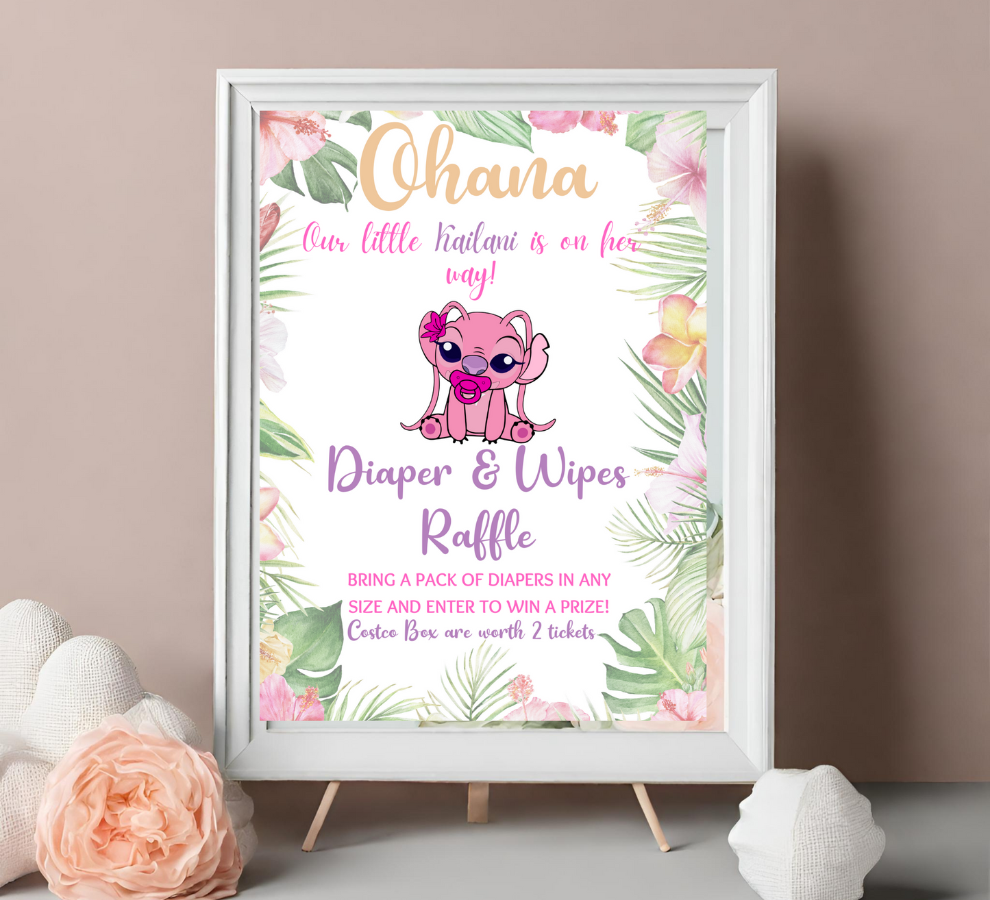 Aloha Ohana Stitch Baby Shower: Hawaiian Tropical Diaper Raffle Sign