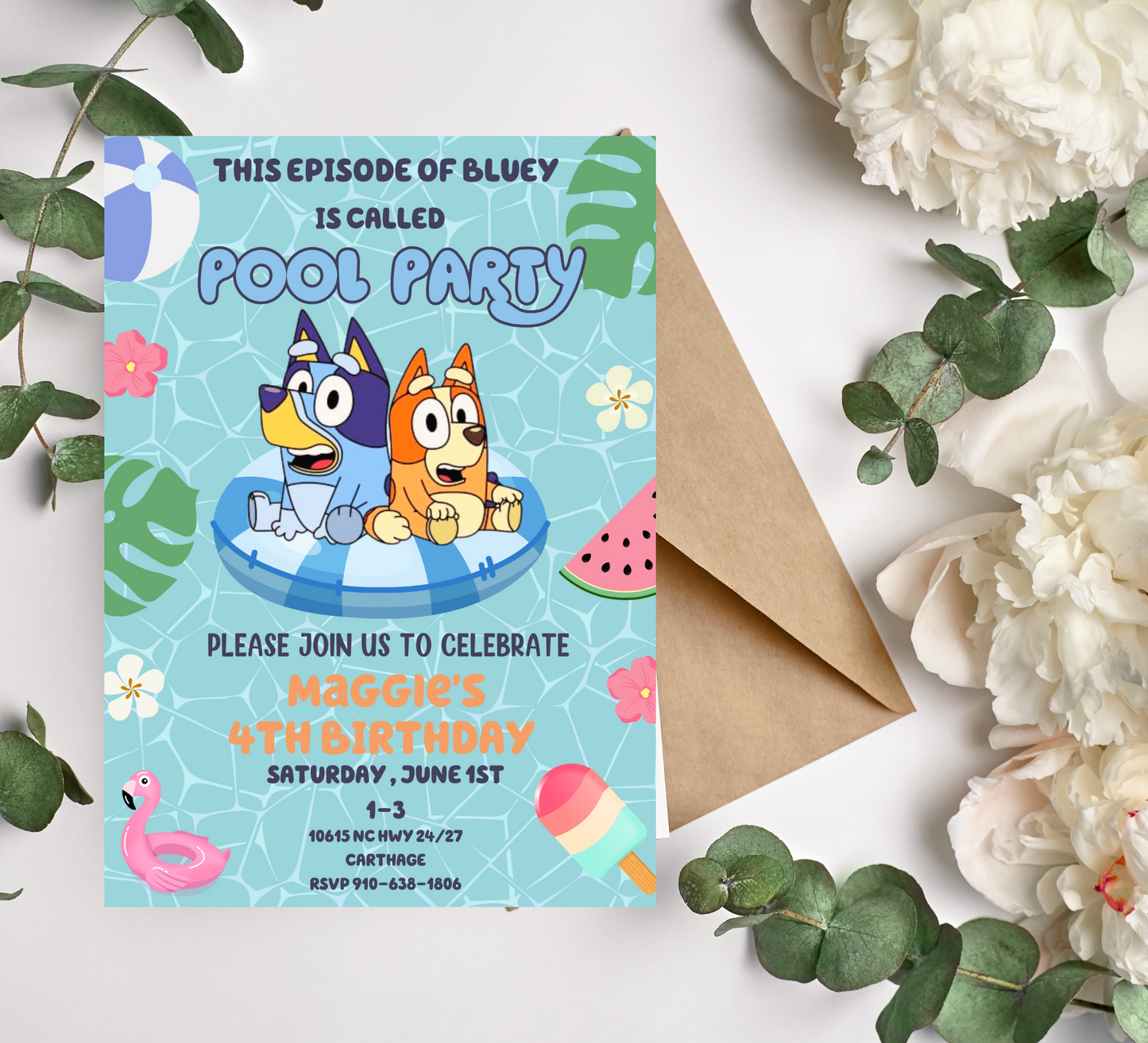 Bluey Bingo Pool Birthday Invitation - Customizable Kids Party Invite