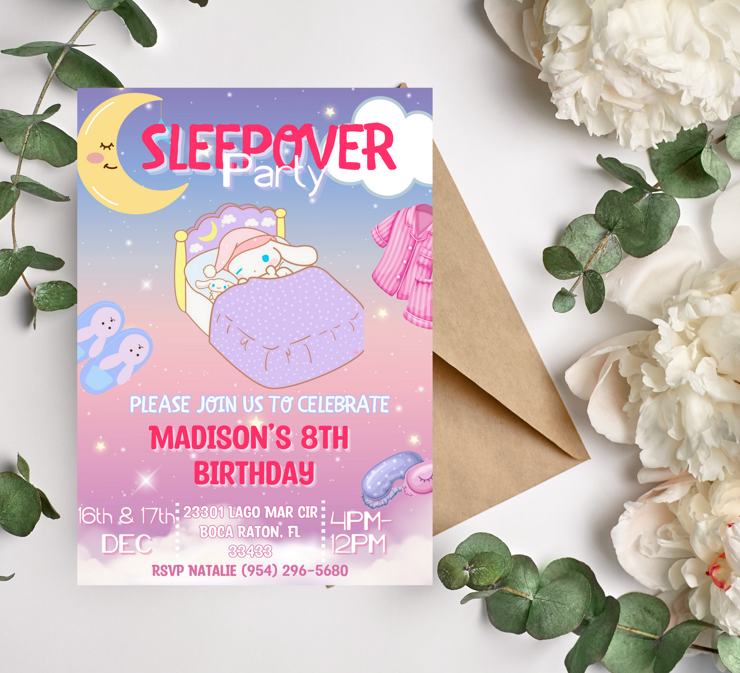 Cinnamoroll Sleepover Birthday Party Invitation for Girls, Hello Kitty and Friends Slumber Invite, Canva editable birthday Template, Cinnamon Roll Kawaii Party