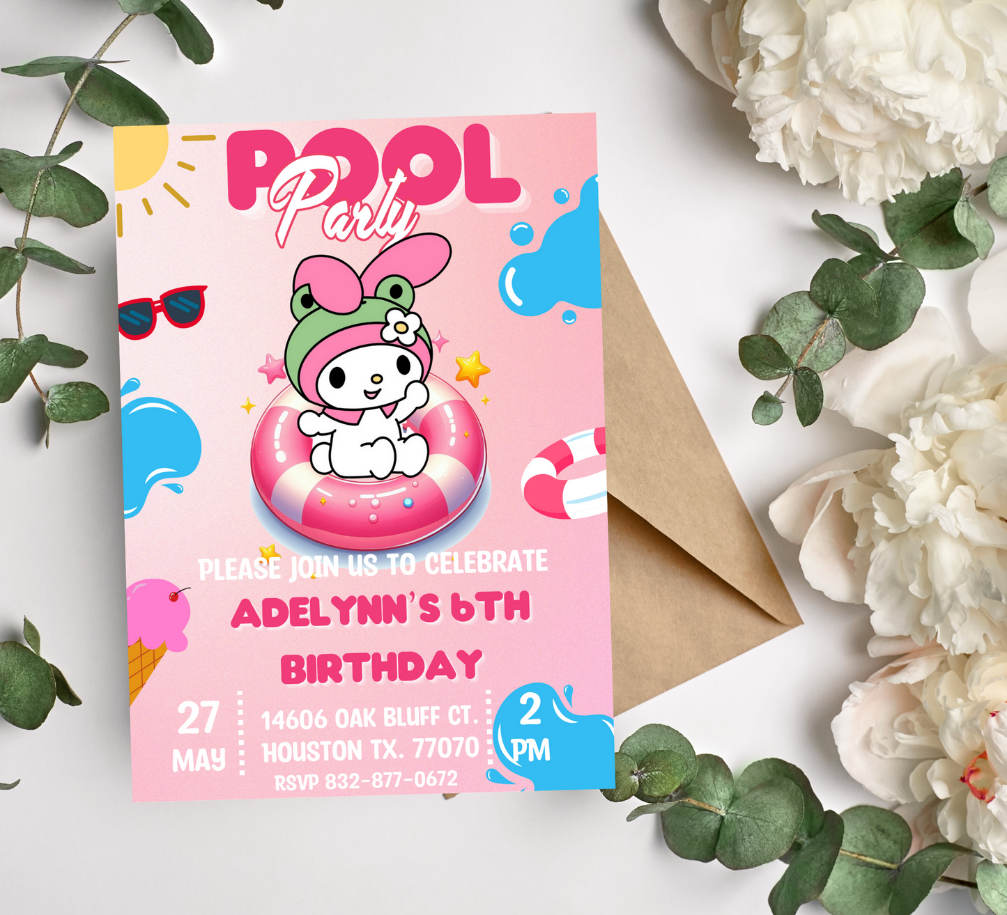 Editable Kawaii Character Pool Birthday Invitation Card | Hello Kitty, My Melody, Sanrio Invite