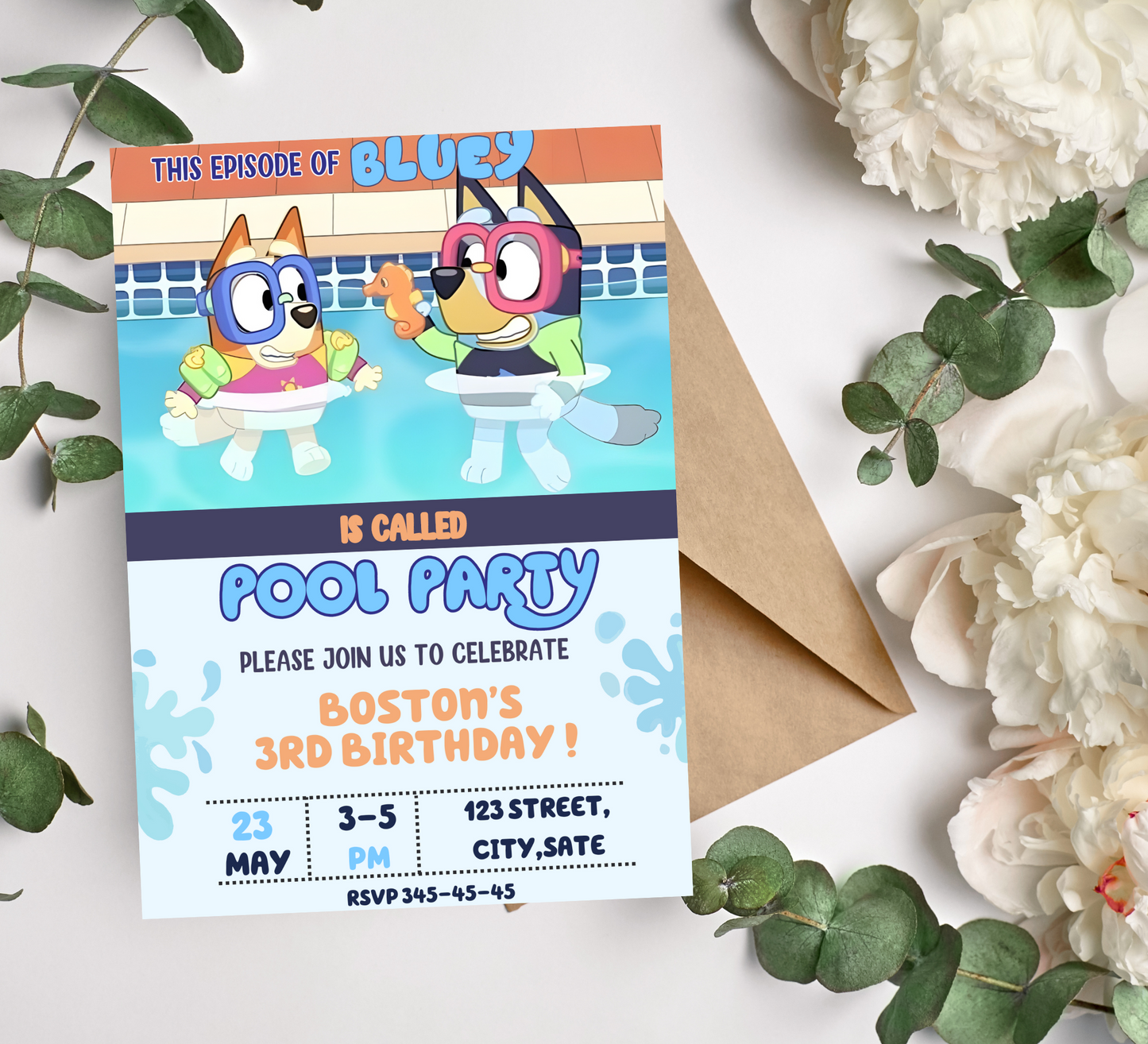 Bluey and Bingo Pool Birthday Invitation - Customizable Pool Party Invite - Kids Birthday Celebration"